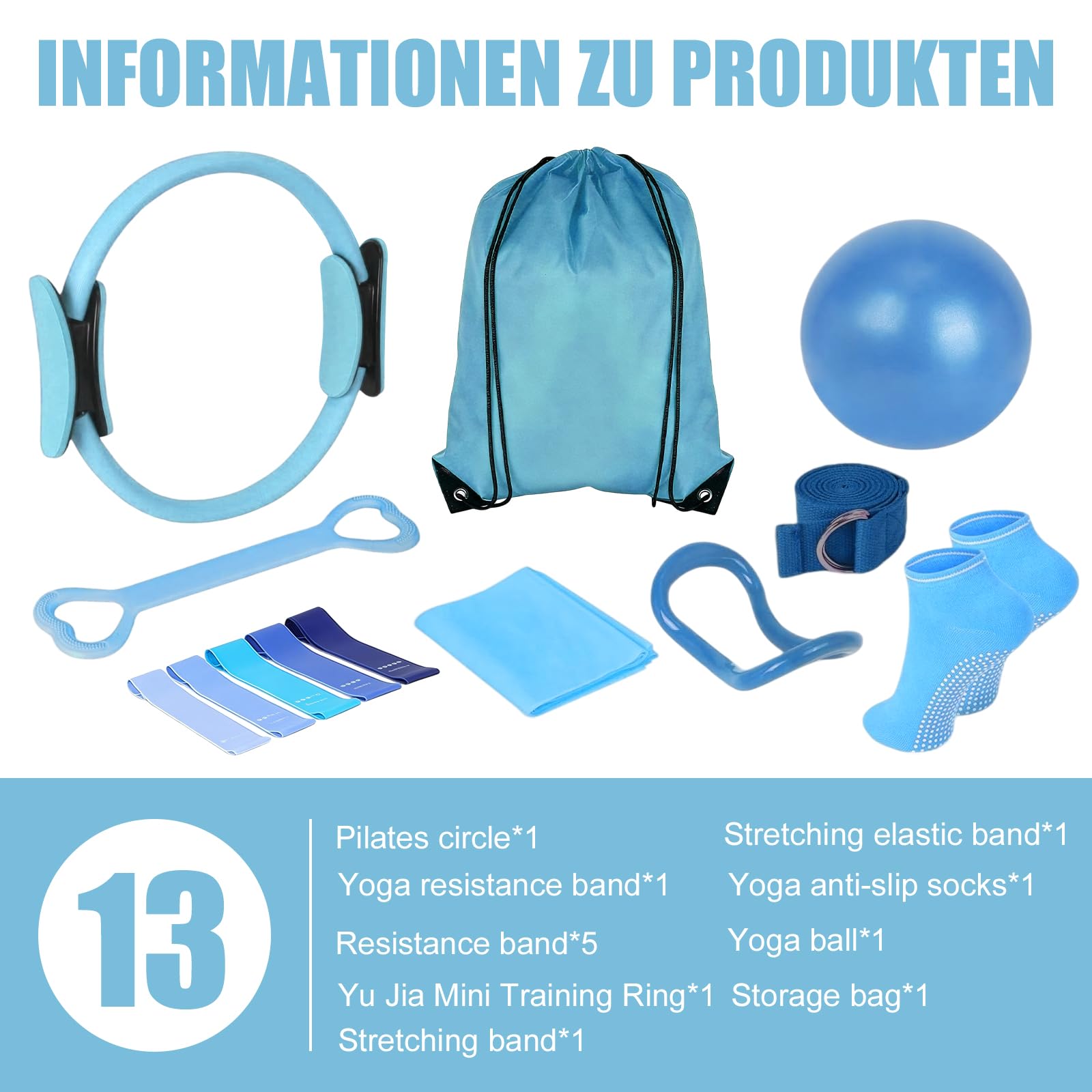 Pilates Set 13 Teiliges,Pilates Ring Set,Pilates Essential Kit mit Yoga Ball,Pilatesring,Resistance Band,Yogagurt,Pilates-Griffsocken, Pilates Set für Zuhause,Pilates Ring Kreis Set für Fitness Home