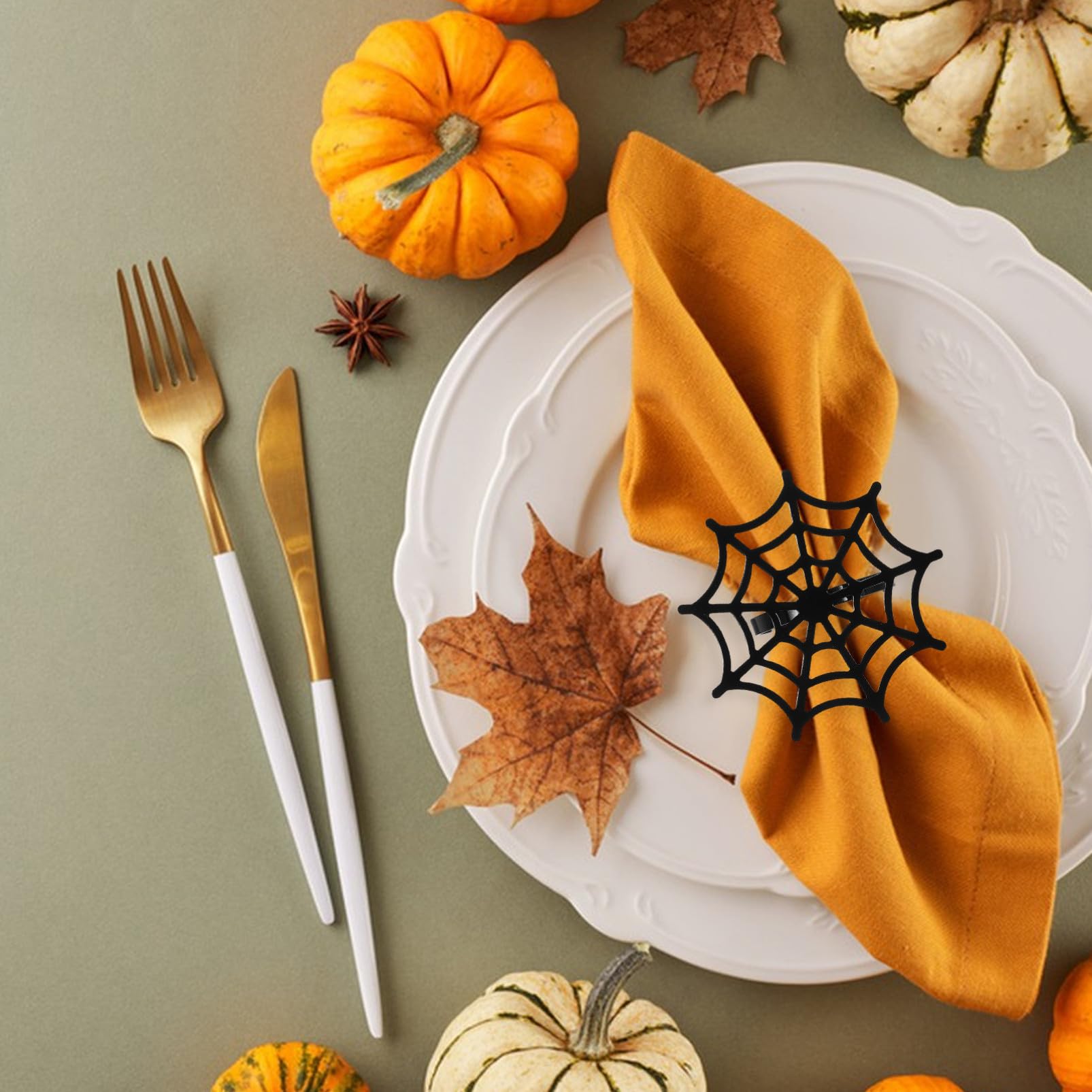 PRETYZOOM 24 Pezzi Portatovaglioli Halloween in Metallo Ragnatela Nera Portatovaglioli Autunnali Regolabili per Tavola Feste di Halloween e Ringraziamento Decorazioni Tavola per