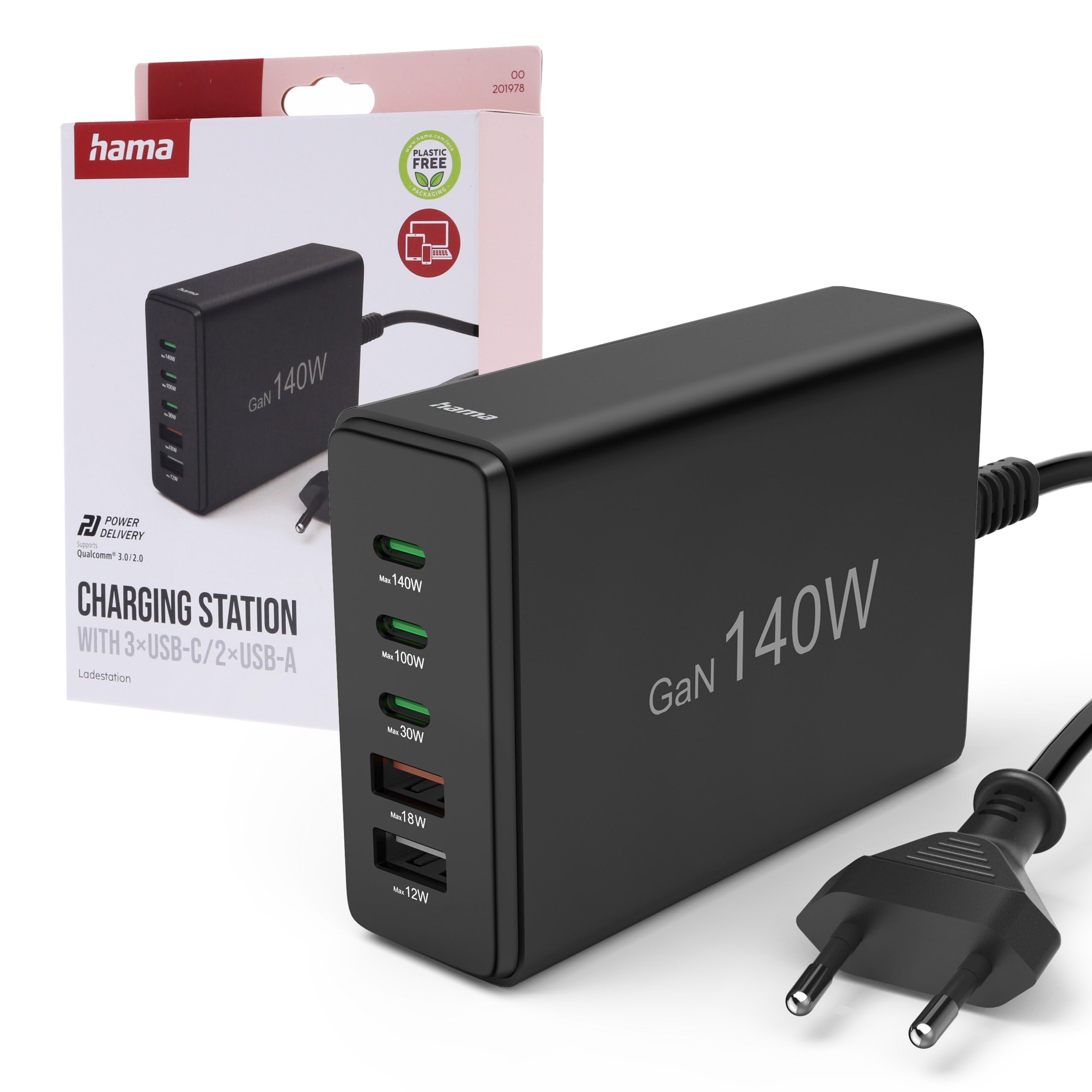 Ładowarka Stacja Ładująca Hama 140W z Technologią USB GaN, z 3 Portami USB-C i 2 Portami USB-A, Obsługa Power Delivery i QuickCharge, Czarna