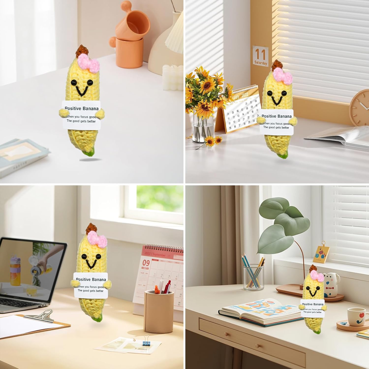 Positive Handmade Crochet Banana, Funny Birthday Gag Gift for Women Men, Emotional Support Gift for Living Room,Bedroom,Kitchen,Bookshelf,Office Desktop Decoration, Comes with Message Card