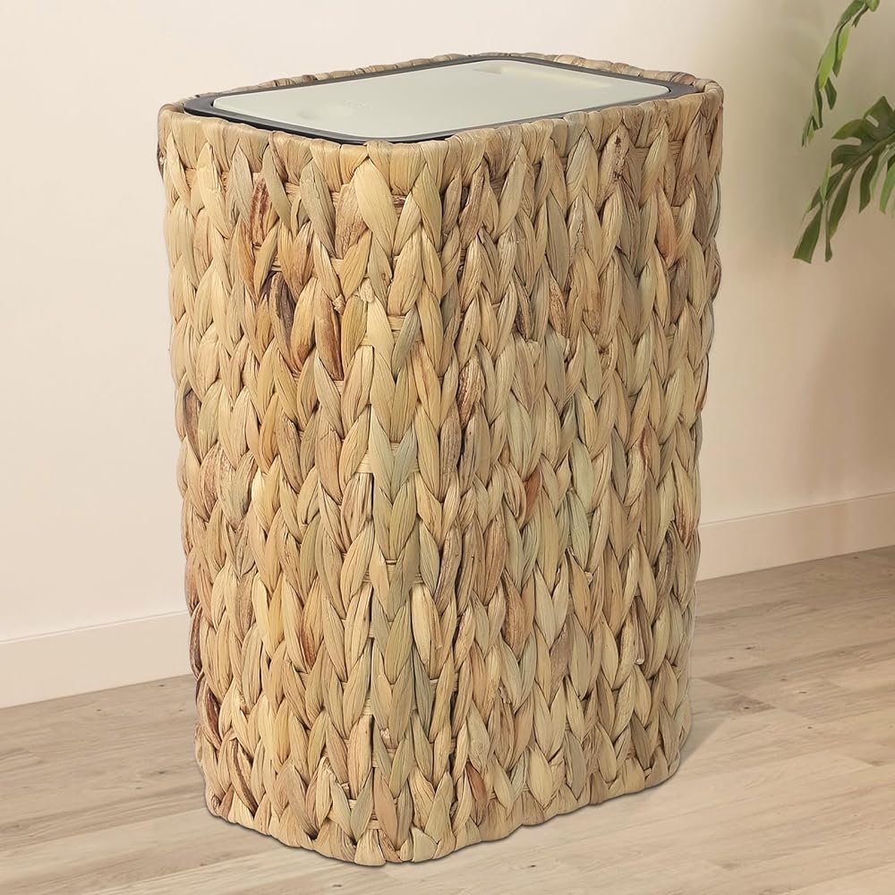 Cestino da Cucina Boho 12 Litri con Coperchio a Scomparsa, 2 in 1 in Rattan per Spazzatura, Piccolo per Bagno e Ufficio - Beige
