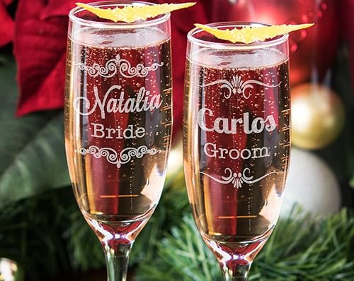 Miniatura 2 de Juego de 2 copas de champán personalizadas con nombre grabado láser para bodas recién casados