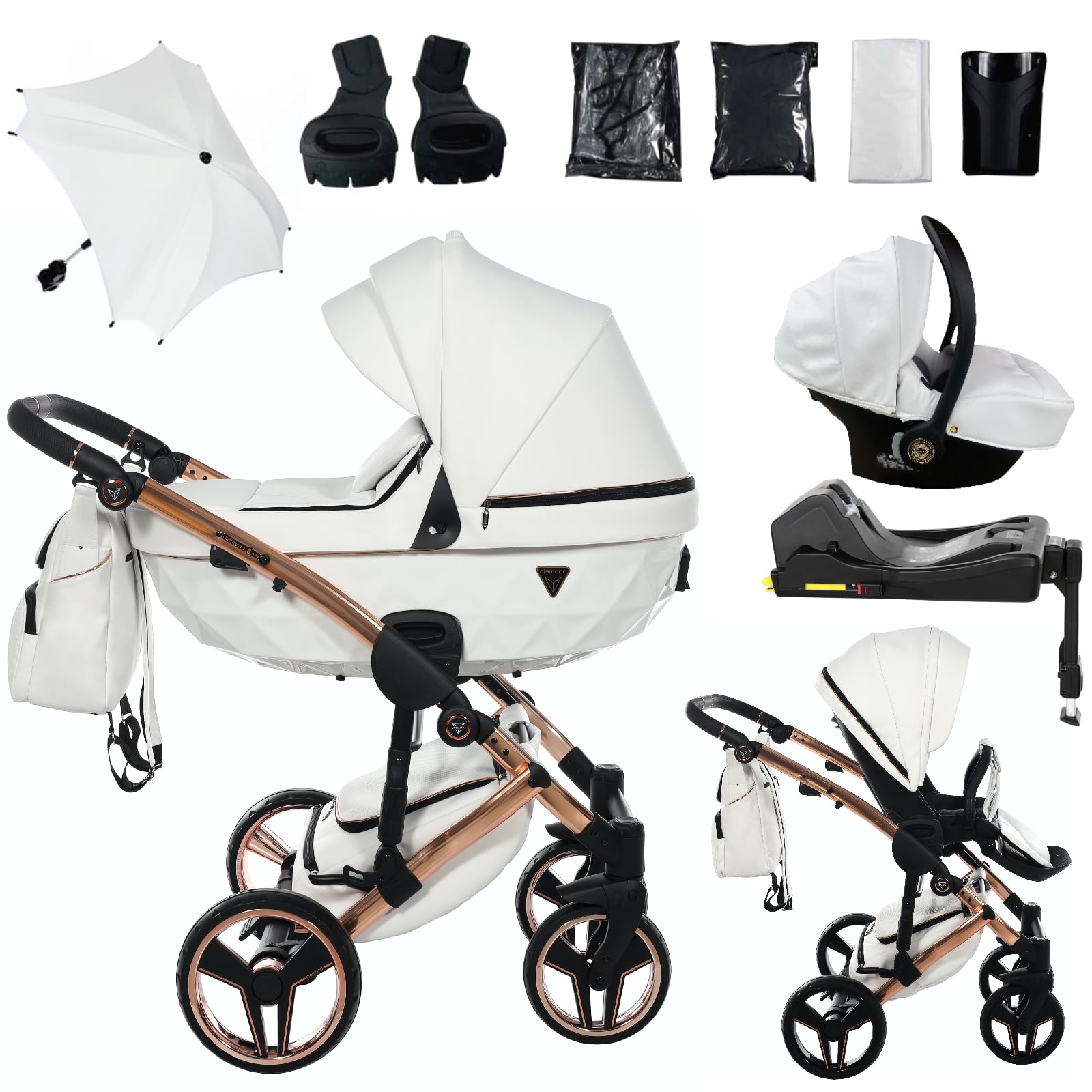 Junama Passeggino TRIO Diamond S Class 01 Bianco e Rame - 2in1 3in1 4in1 + ombrellino (3 in 1 con Seggiolino Auto)