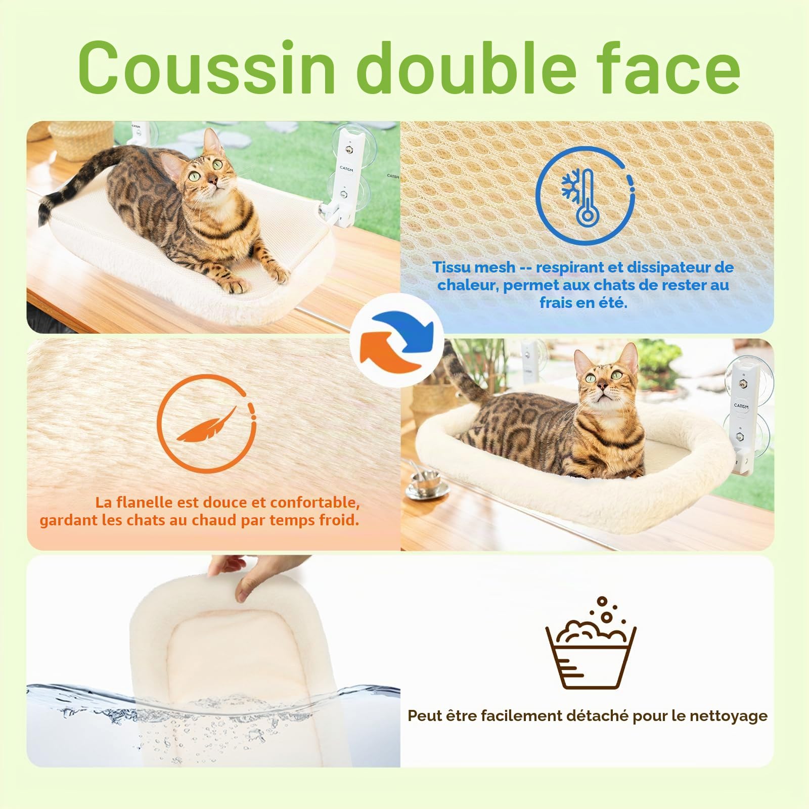 CATISM Hamac Pliable pour Chat avec Coussin Jusqu'à 20 kg, 52 x 30 cm, Rembourrage en Tissu Double Face Lavable, Lit de Fenêtre, Rebord de Fenêtre, Lit de Chat, Beige
