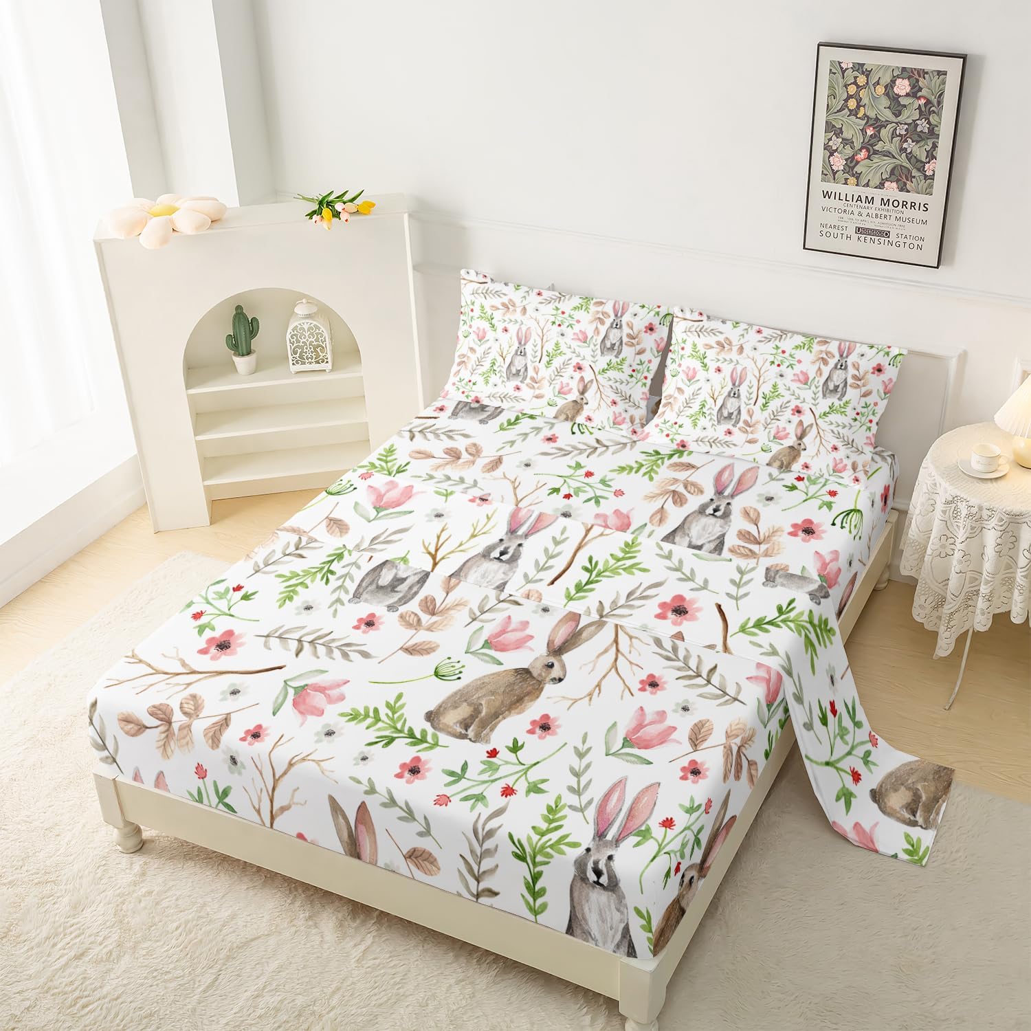 QOOMO Cartoon Rabbit Pattern Silky Soft Microfiber Bed Sheets Plants Flowers Soft Kids Bedding Set Cute Bunny Nature Animals Room Decoration Twin Size 1 Fitted Sheet, 1 Flat Sheet, 2 Pillow Cases