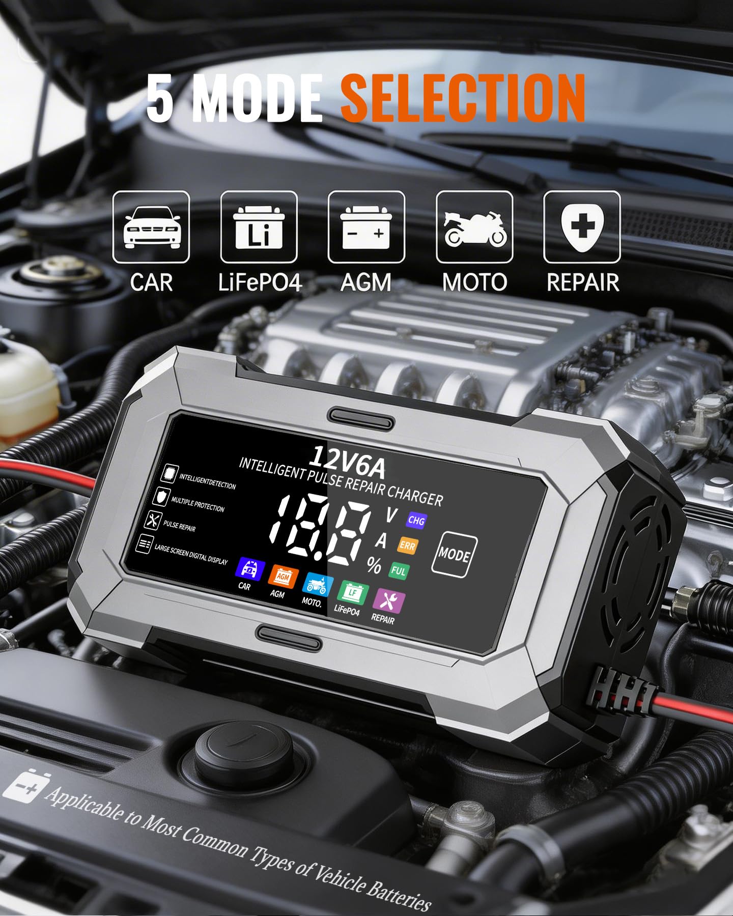 TANYO Caricabatterie Intelligente 12V 6A con Display LCD per Auto Moto AGM LiFePO4