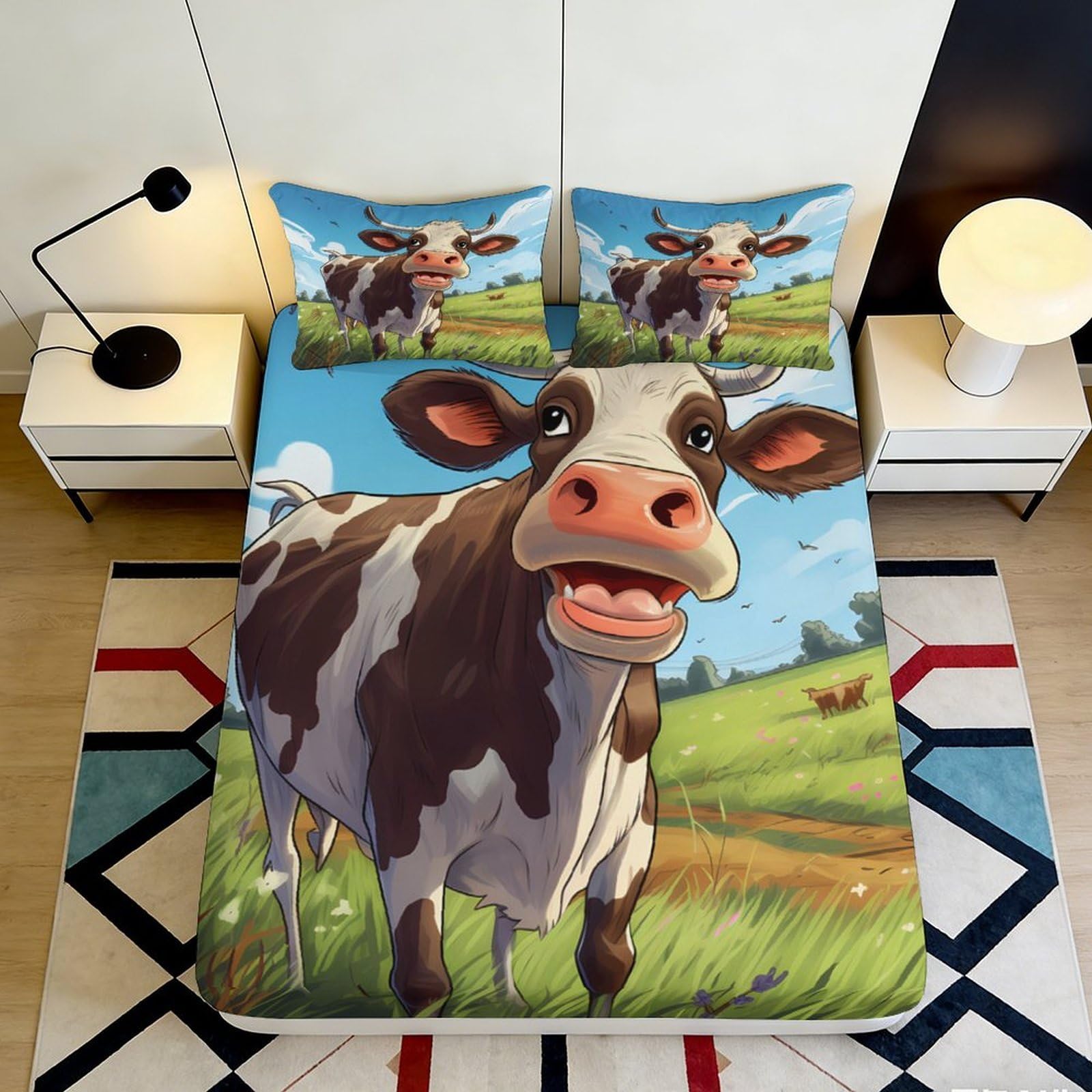 3D Printed Cartoon Cow Fitted Sheet Microfiber Soft Anti-Slip Farm Meadow Bed Cover for Bedroom Dorm Decor 90x200x25cm
