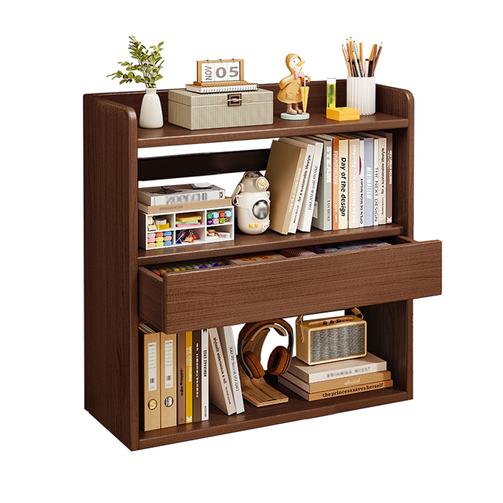 Schreibtisch-Organizer aus Holz mit Schublade, 2/3-stöckiges Tischregal, Schreibtisch-Präsentationsständer, Bürobedarf-Organizer-Ständer (Nussbaum, 3-stöckig – 67 cm)
