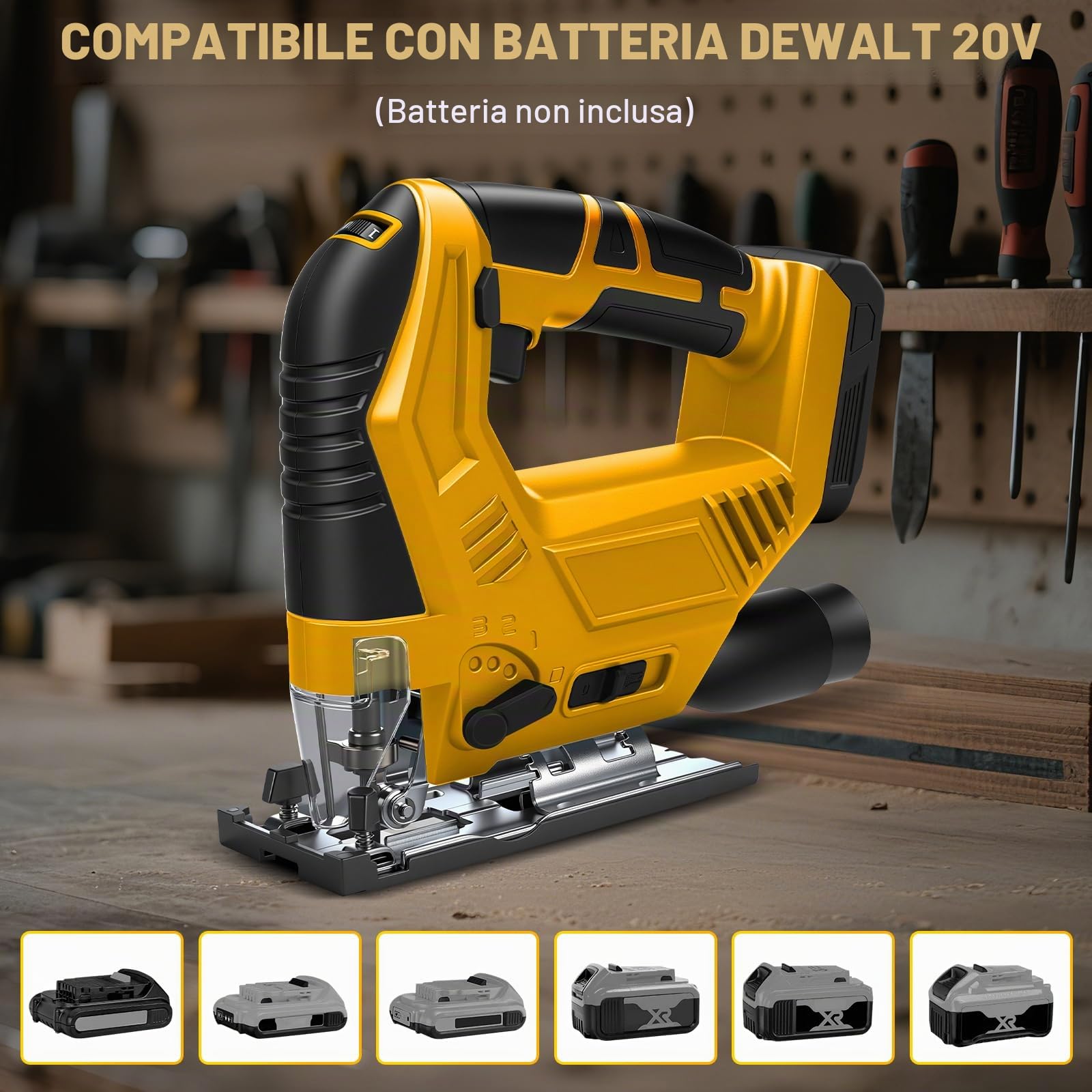 Seghetto alternativo a batteria per Dewalt 20V (senza batteria) | Sega a Puzzle Elettrica, Smusso 45°, 6 Velocità, 4 Orbitali, Tubo Polvere, Righello e 5 Lame