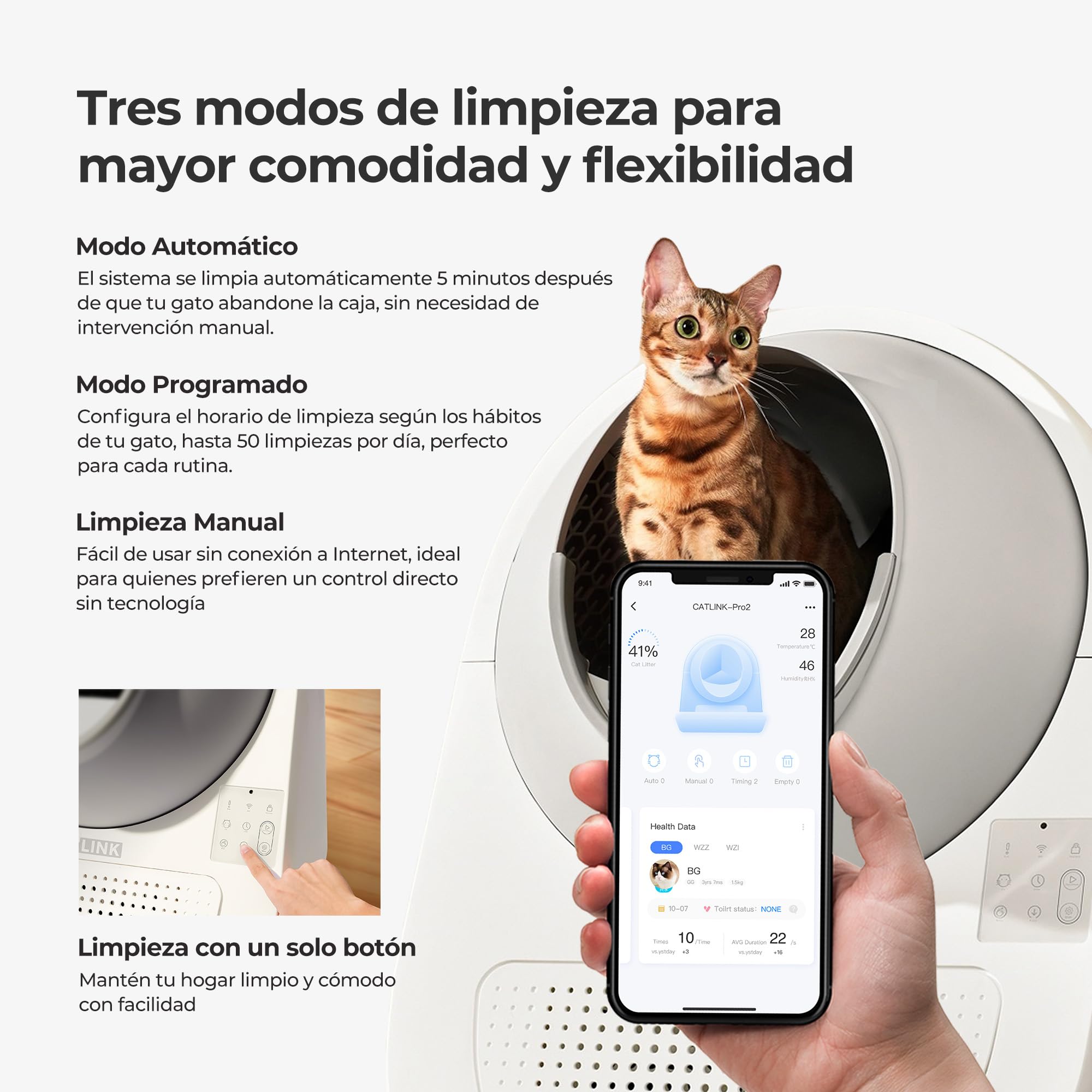 Arenero Autolimpiante CATLINK Pro-X con App y Contenedor de Residuos de 13L para Gatos Grandes, 4 Modos de Limpieza, Control de Olores 4X (Ozono+UV+Carbón Activado+Gel Desodorante)