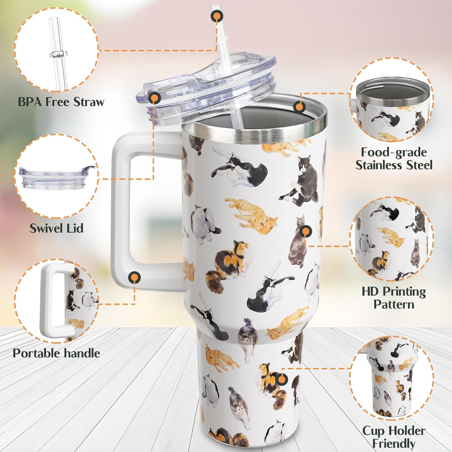 40 oz Cat Tumbler with Handle and Straw, Stainless Steel Vacuum Insulated Travel Coffee Mug Cup Water Bottle, Cats Stuff Accessories Decor, Cat Lover Gifts for Women Girls