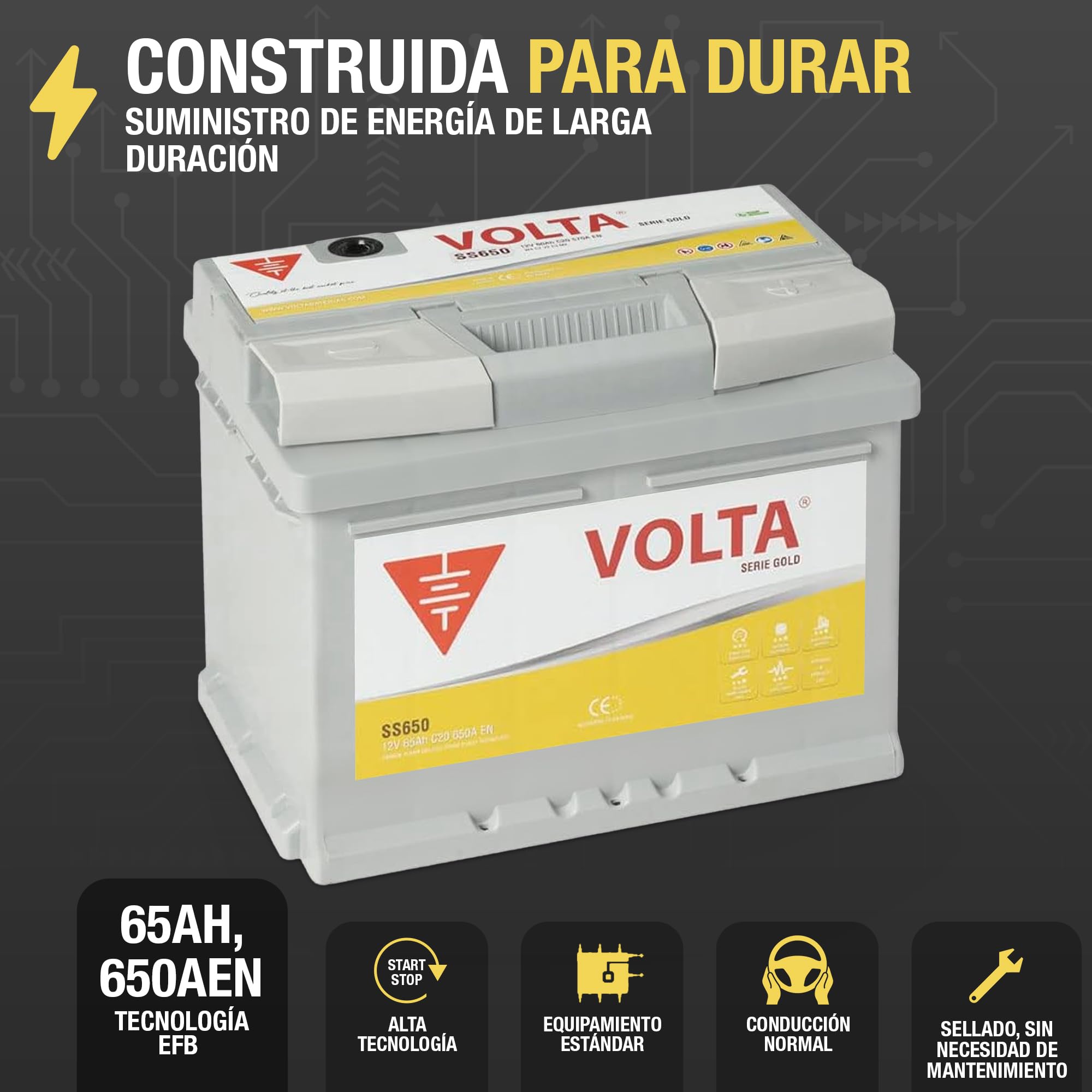 Bateria de Coche Gold 65Ah 650A Start-Stop Básico EFB Volta SS650D - Borne +Dcha - Medidas Largo 242 x Ancho 175 x Alto 190 mm con 2 años de Garantía - Fabricación Europea.