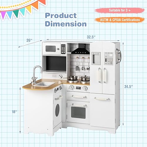 Miniatura 7 de OLAKIDS Juego de cocina de esquina para niños, cocina de madera para niños pequeños con teléfono, microondas, refrigerador, dispensador de agua,