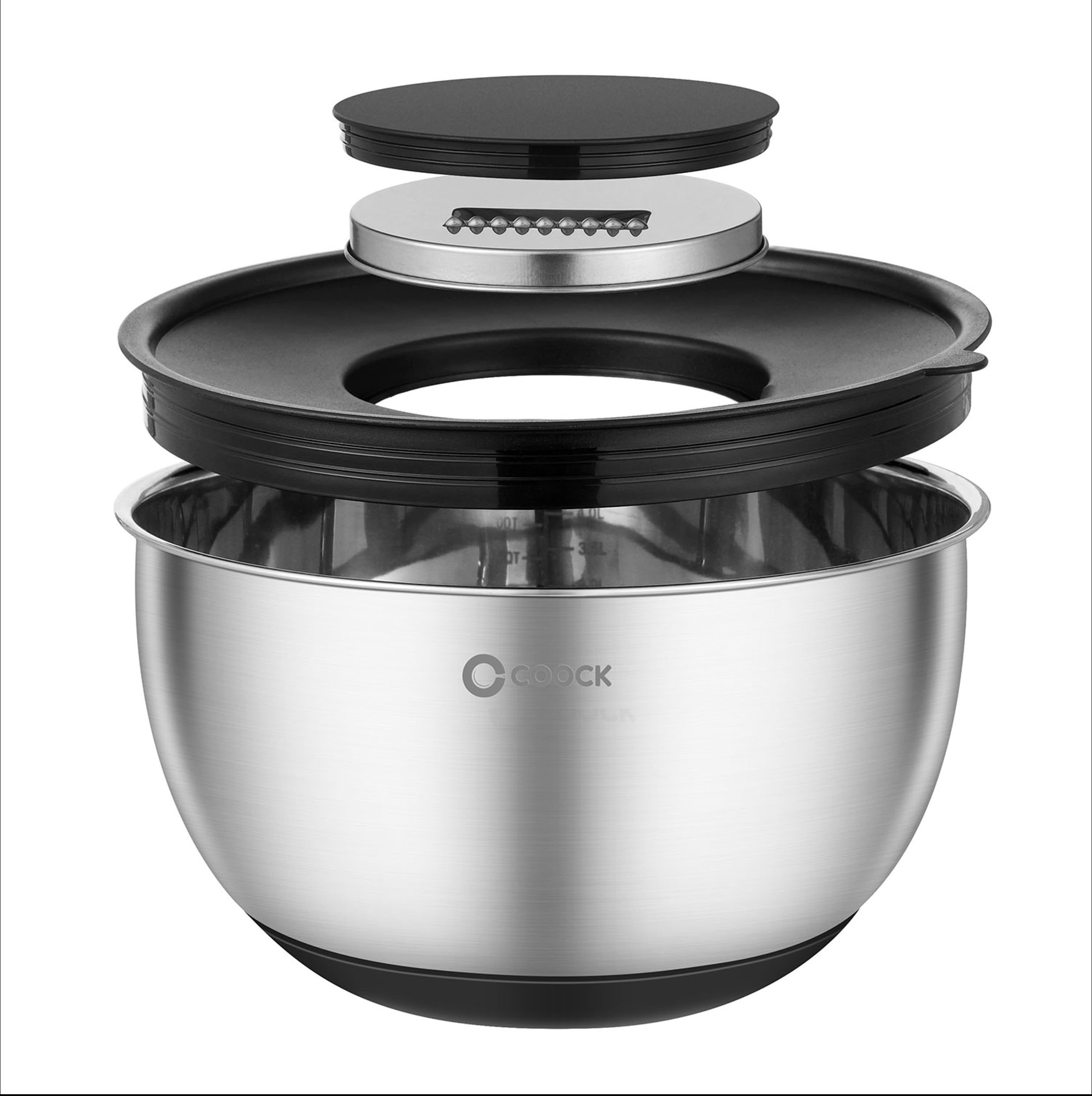 Edelstahl Rührschüssel Set mit Deckel & Reibe – 5-teilig 1,5L bis 5L – Schwarz – Küchenschüssel Set inkl. Messlöffel & Messbecher – Premium, Stapelbar & Spülmaschinenfest