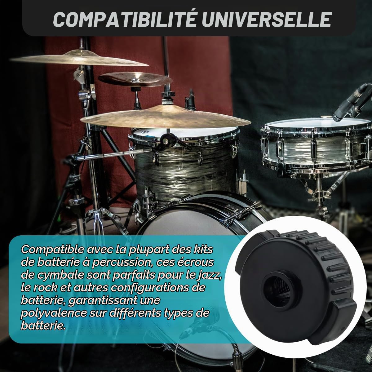 10 pièces 8mm Ecrous de cymbale à serrage rapide, Verrous de cymbale en plastique noir Accessoires de cymbal Mate Pièces de rechange pour kits de batterie, avec coussinets de gel pour batterie