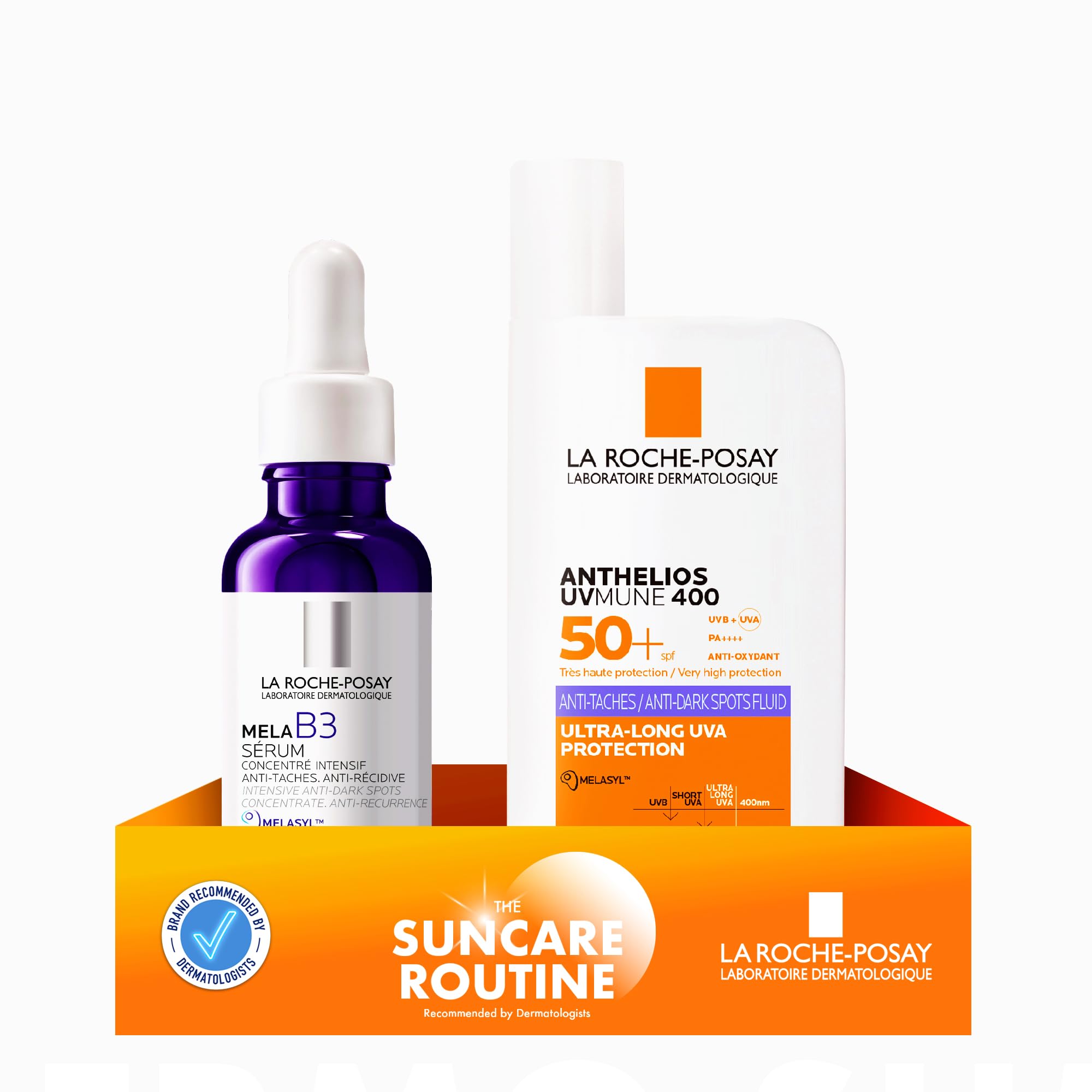 Rutina de Verano Anti-Manchas La Roche Posay, Protector Solar Anti-Manchas SPF 50+ Fluido Invisible Anthelios UV-MUNE 400, 50ml + Sérum Mela B3, Despigmentante, Antimanchas con Melasyl y Niacinamida