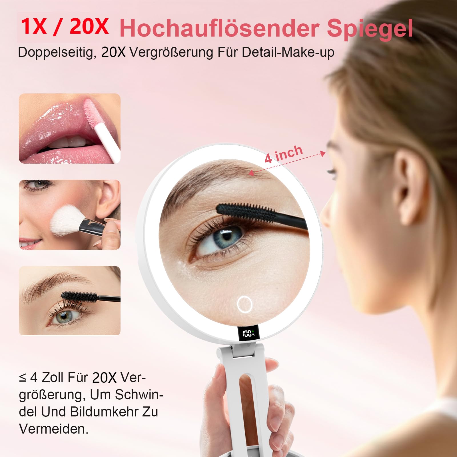 SURFOU Specchio Trucco con Luci LED Ricaricabile USB, 1500mAh Pieghevole Portatile Doppia Faccia 1X/20X, 3 Modalità Luce Regolabile Touch Memoria, Ideale per Make up Bagno e Viaggio