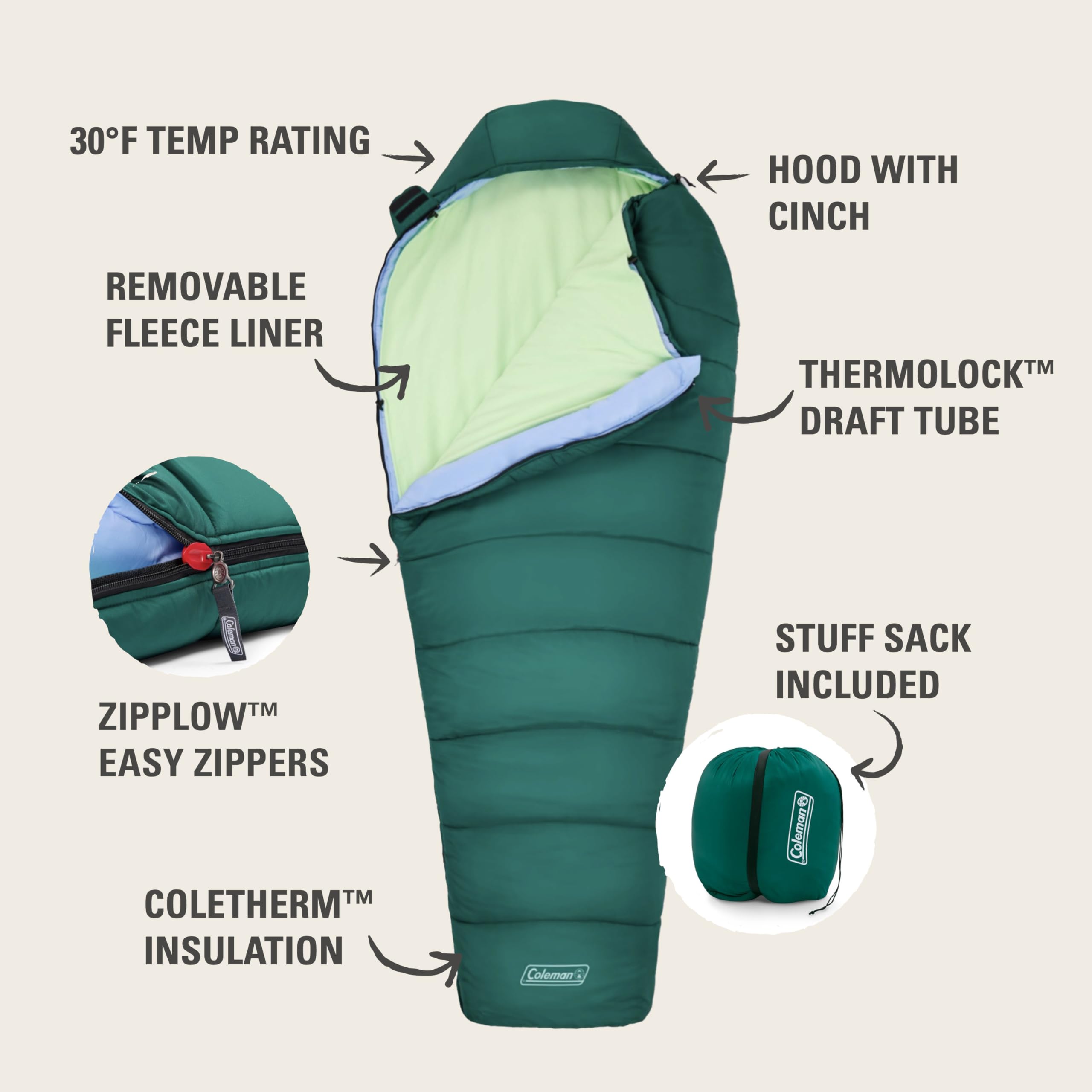 Amazon.com : Coleman Cozy 30°F Sleeping Bag with Integrated