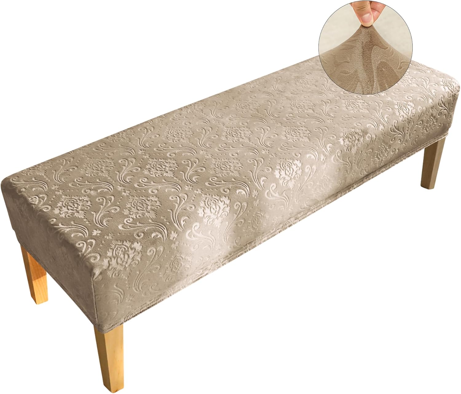 Velvet Embossing Dining Room Bench Cover 60 inch Long Camel Stretch Seat Slipcover Rectangle for Dining Table Bench, Bedroom, Washable