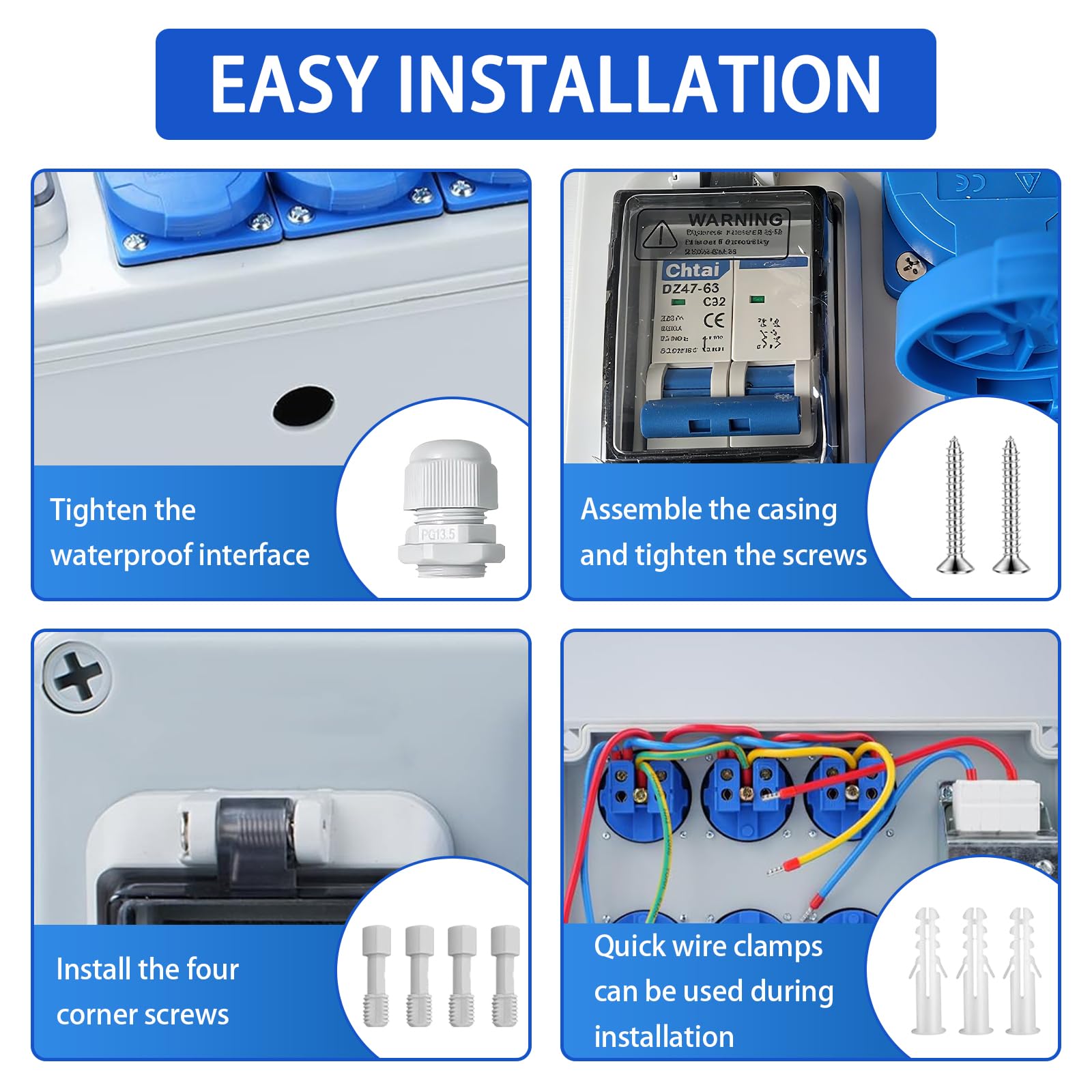 Distribuidor de Corriente para Construcción 250V, Distribuidor de Corriente de Pared 16A con Disyuntor, 6 Tomas, IP54 Estanco, Distribuidor de Energía Consumida para Talleres y Fábricas