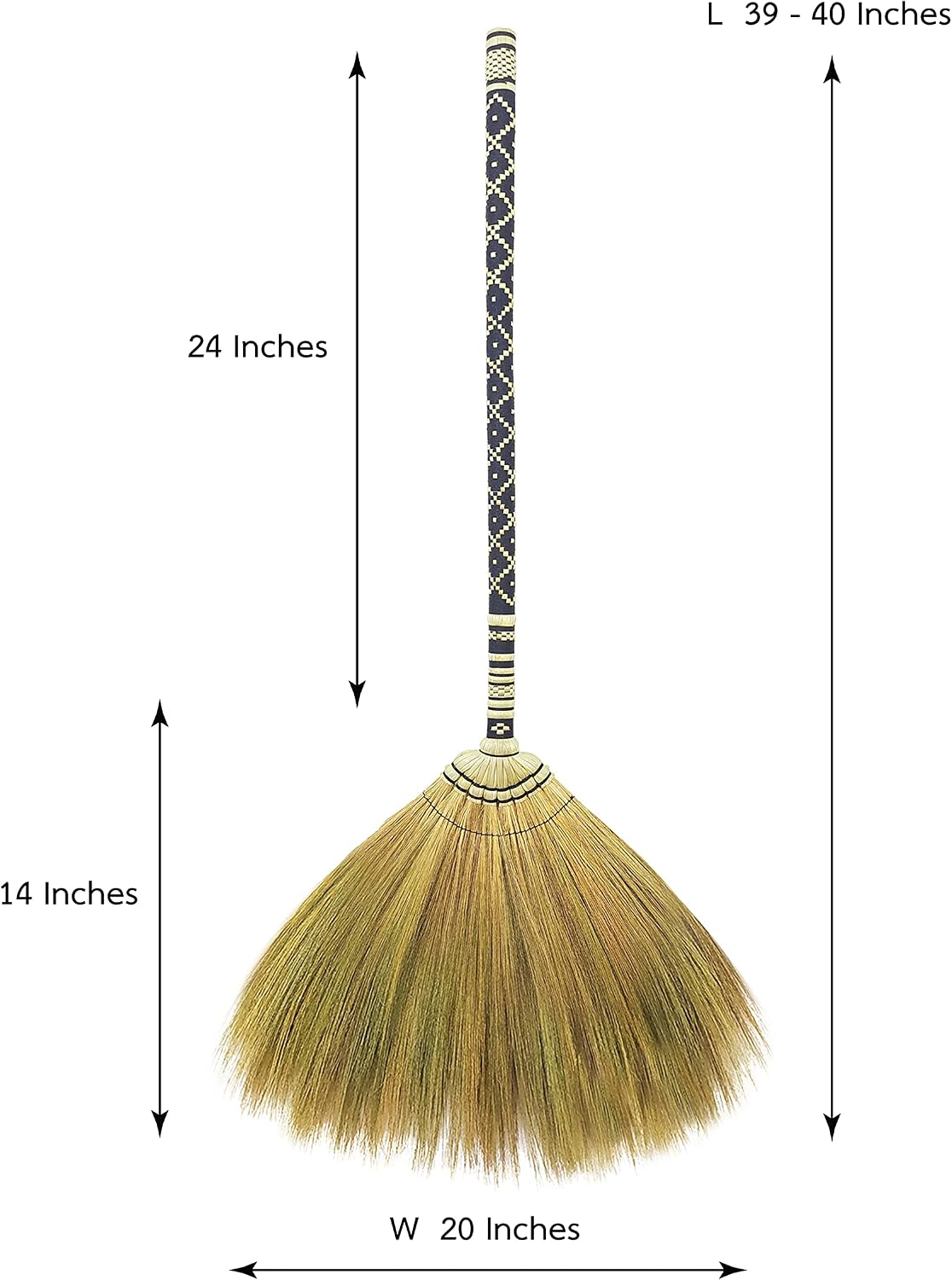 Natural Grass Broom Indoor Outdoor, Vintage Retro Embroidered Woven Nylon,Handmade Broom,Housewarming Gift Witch,Bamboo Stick Handle(Black)