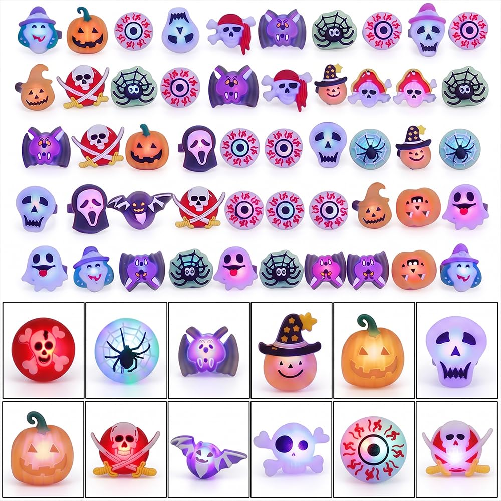Mineup 50 Pcs Halloween Light Up LED Rings, LED Flashing Rings with Design Spider Skeleton Bat Ghost Pumpkin Flash, for Kids Boys and Girls Glow In The Dark Halloween Party Supplies