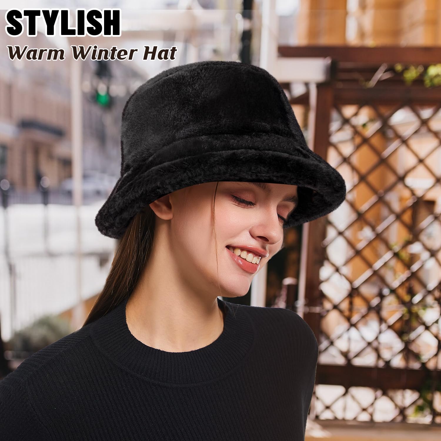 HONGTEYA Winter Bucket Hat Fluffy Faux Fur Fisherman Cap for Women Men Solid Color Style