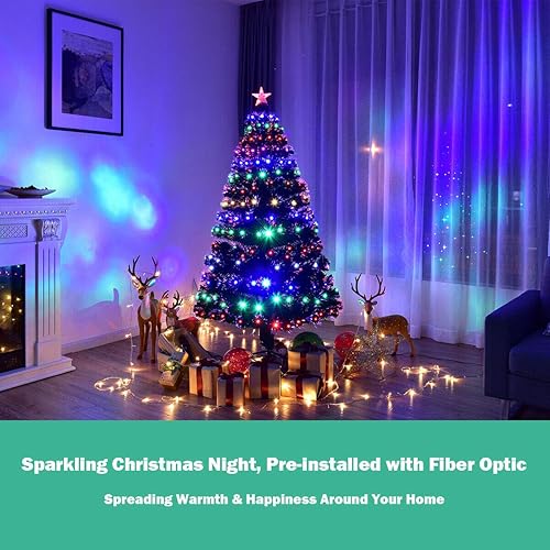 Miniatura 4 de Goplus Árbol de Navidad de fibra óptica preiluminado de 5 pies, árbol de Navidad artificial flocado de nieve blanca con 170 puntas de rama, 170