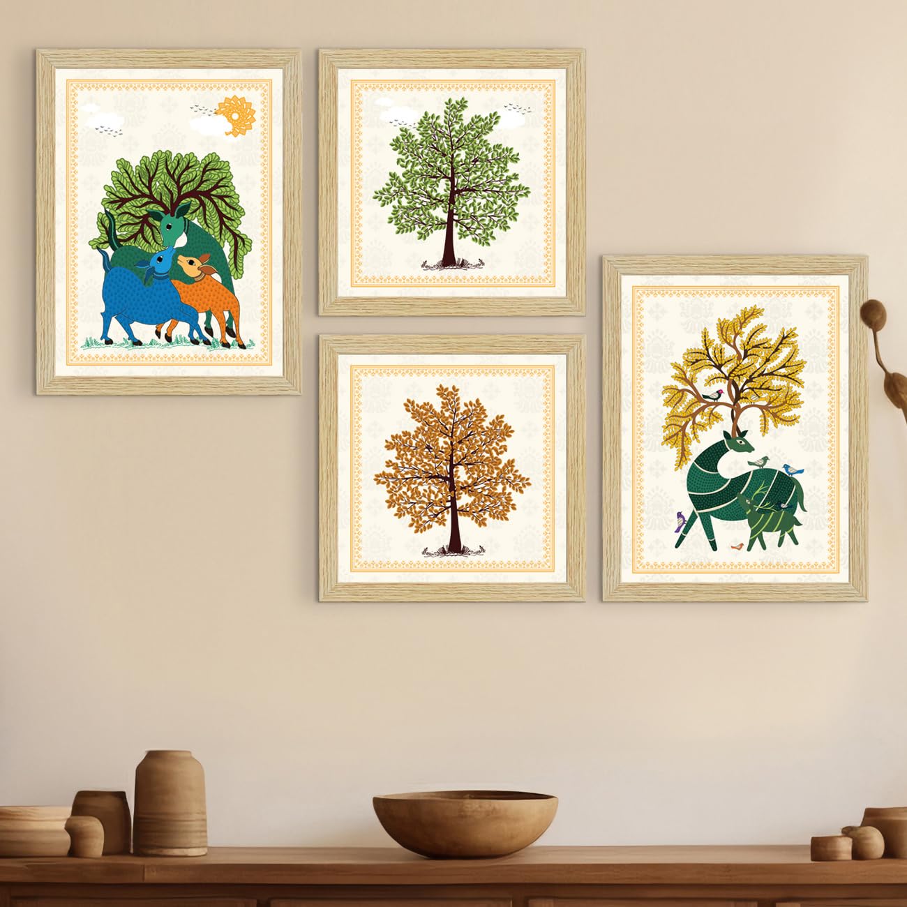 ArtX Paper Gond Art Paintings with Frame for Home Decor, Wall Painting for Living Room, Multicolor, Set of 4 (B0D4DXCSXG) Amazon Price History, Amazon Price Tracker
