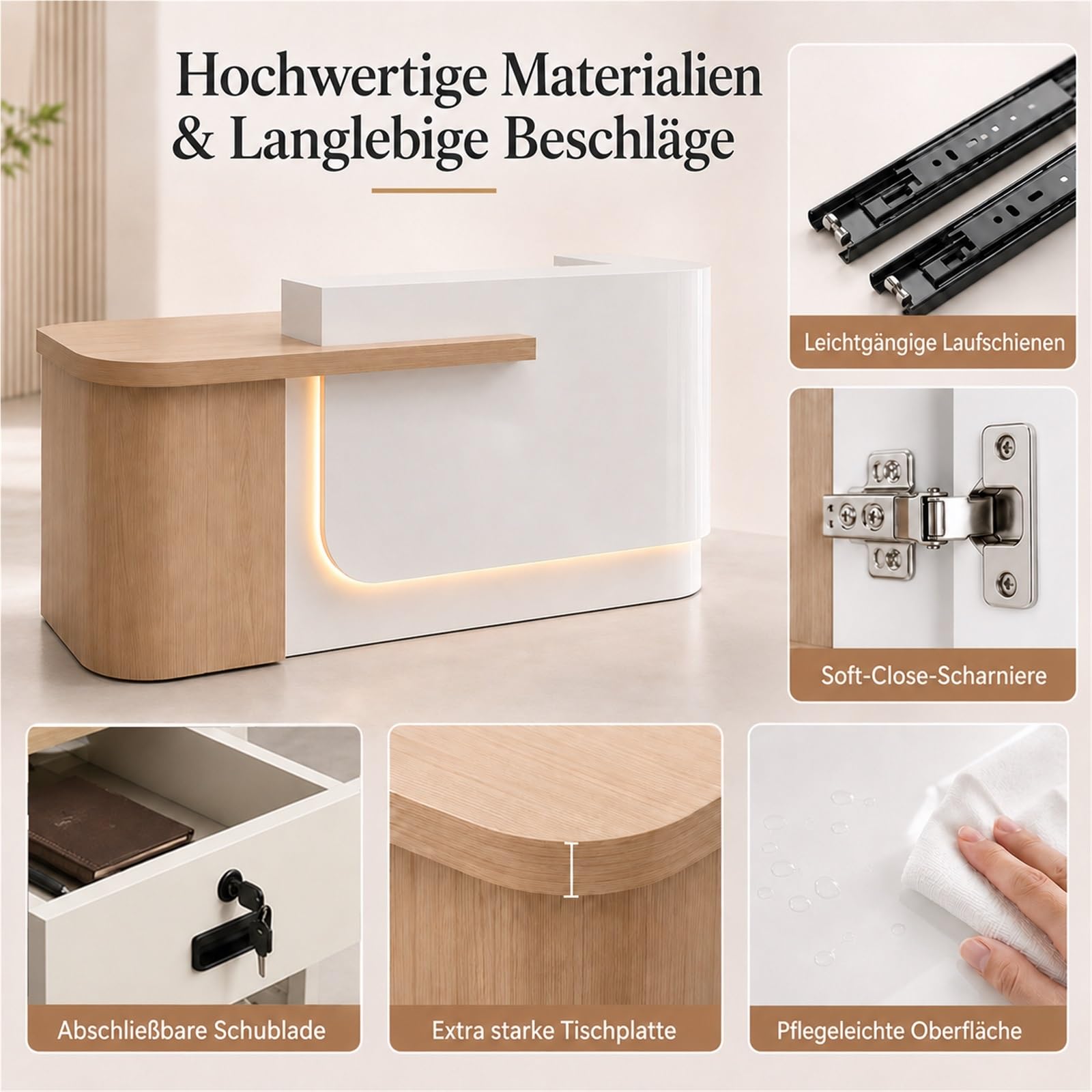 Empfangstheke Hochglanz Lackiert, Empfangstresen Büro Schreibtisch Kassentheke Mit Stauraum, L-Form Rezeptionstheke Für Büro Salon Praxis(Beige Left,150cm/59)