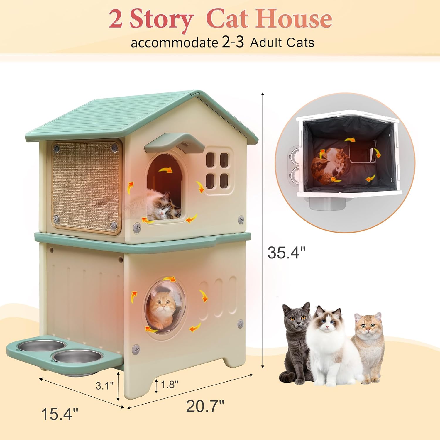 Insulated Cat House Outdoor Weatherpoof Plastic Cats Houses with Elevated Cat Bowls, Cat Scratch Pads and Escape Door, 2-Story Indoor Waterproof Feral/Pet Cat Shelter Outside for Multiple Cats, Green