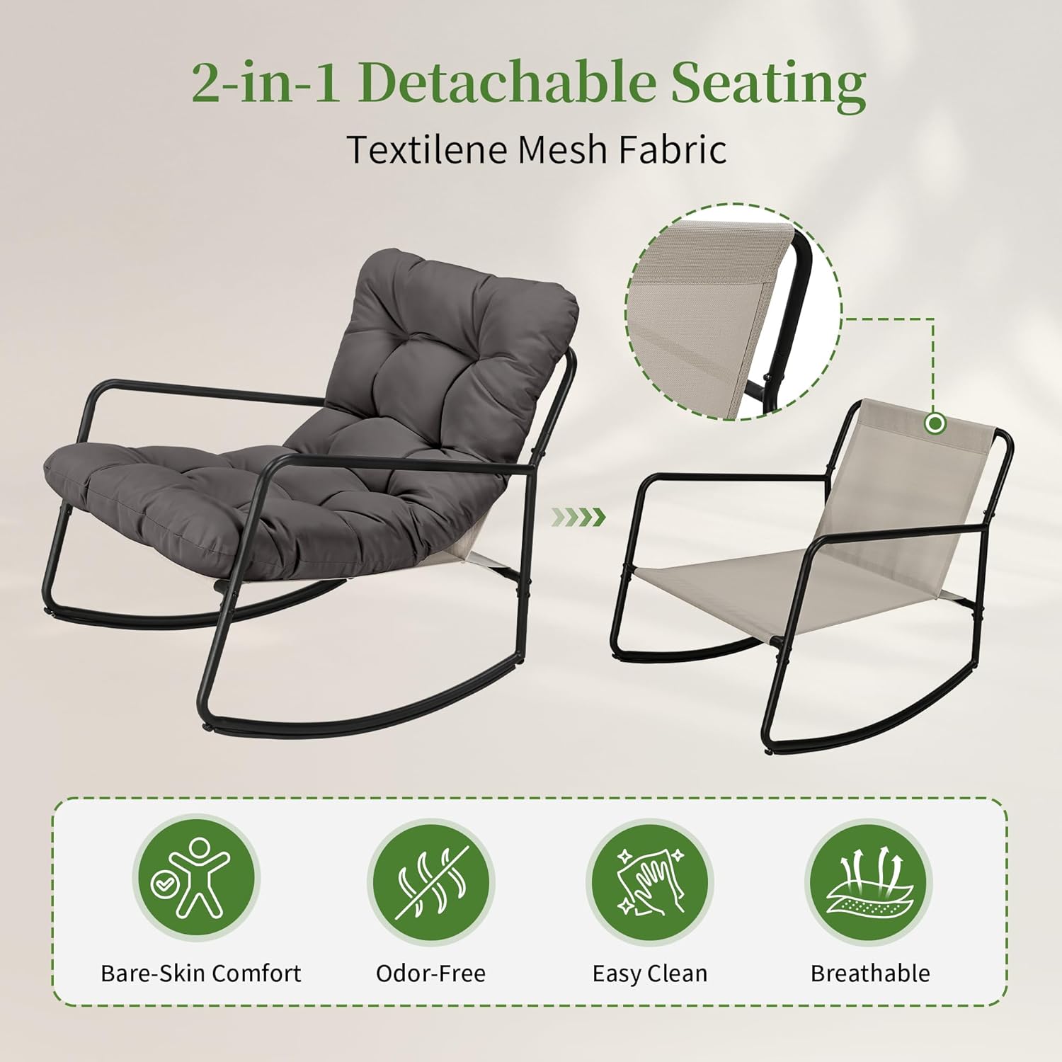 Outdoor Rocking Chair - Comfy Papasan Patio Lounge Chair with Thick Cushion, Sturdy Frame for Indoor Outdoor Use, Modern Accent Rocker Chair for Porch, Garden, Living Room (Grey)