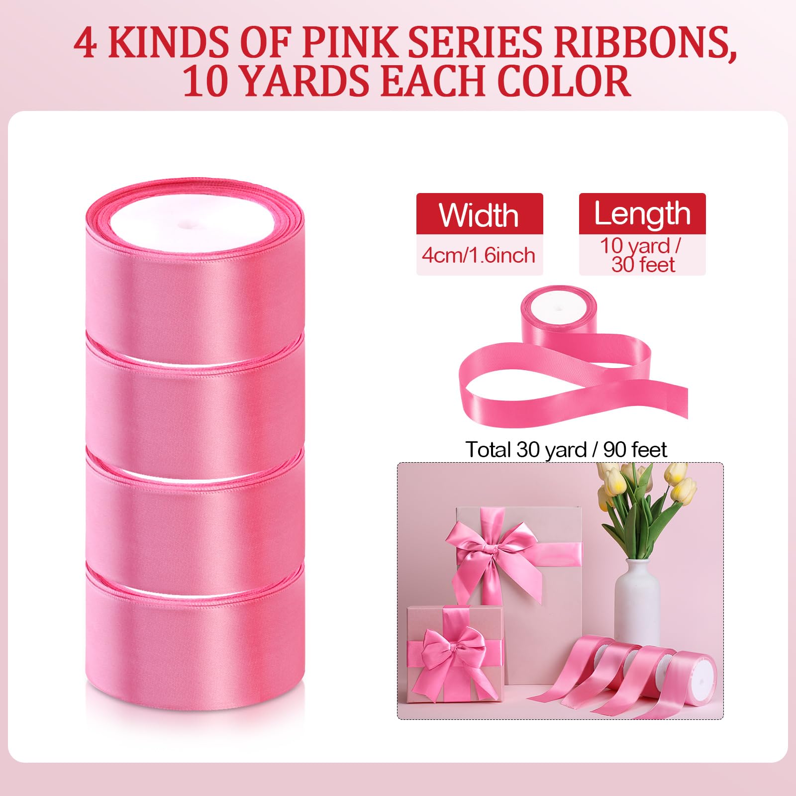 Giegxin Rollos de cinta de satén de regalo a granel de 40 yardas, cinta de tela sólida colorida para envolver ramos, lazos para el pelo, boda, baby shower, decoración de fiesta de cumpleaños (rosa
