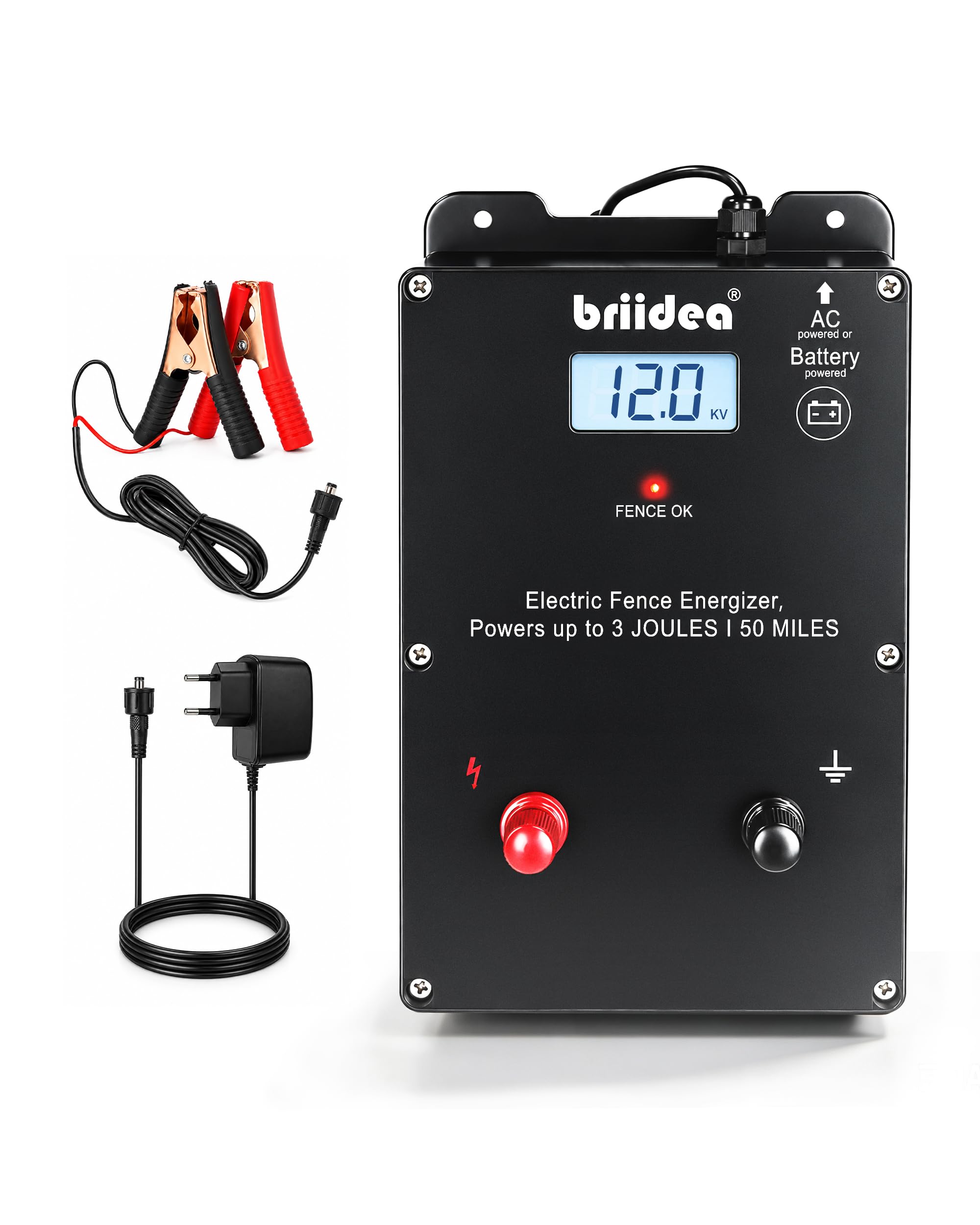 Briidea Ogrodzenie elektryczne, 12 kV, 3 J, urządzenie do pastwiska 50 mil