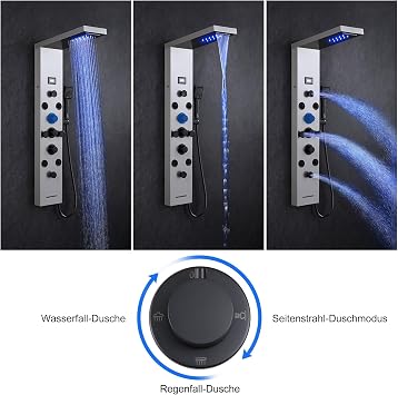 LED Shower Panel Tower with Temp Display 6 in 1 Shower Coulmn System Waterfall & Rainfall 8 Massage Handheld Shower Bath Spout, Brushed Stainless Steel & Black