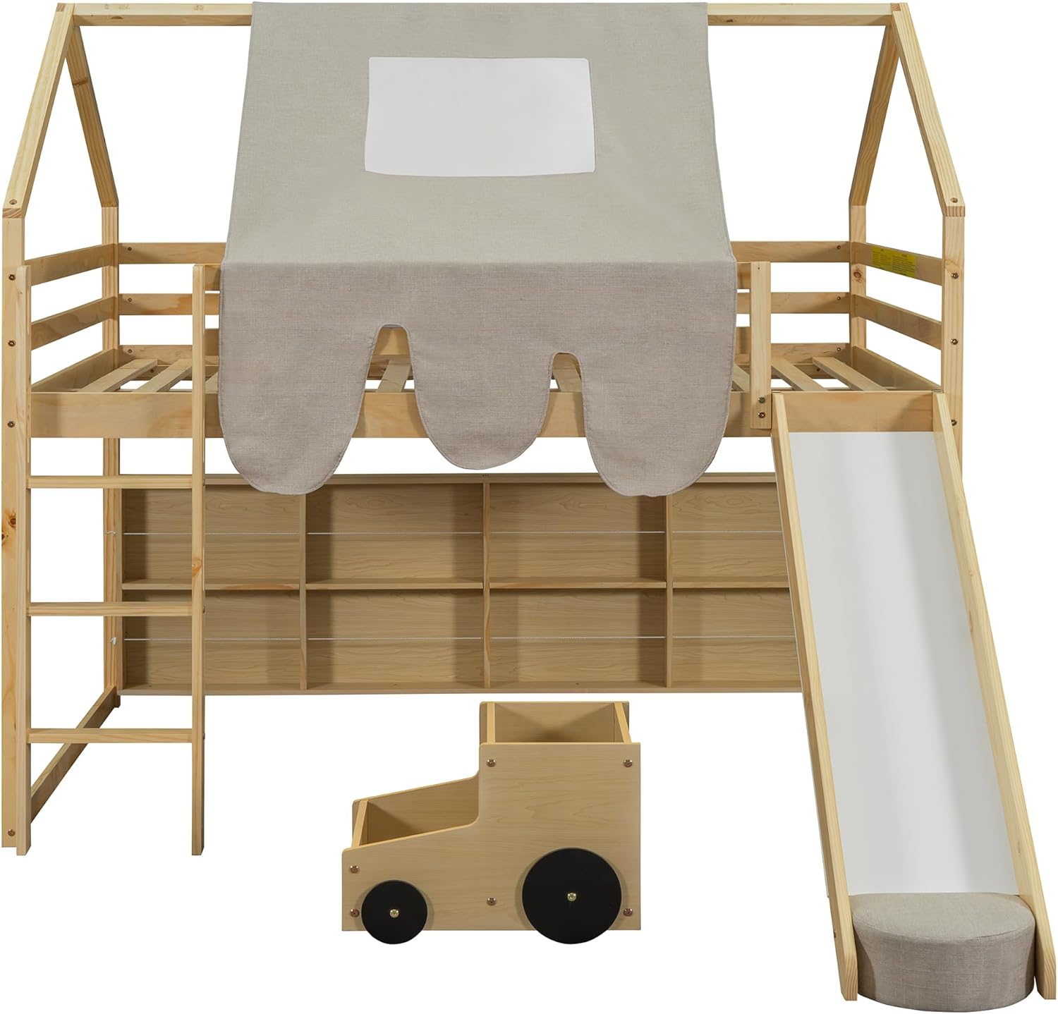LZ LEISURE ZONE Full Size Loft Bed with Slide, Wooden Full House-Shaped Frame with Ladder, Shelves and a Tent, Natural