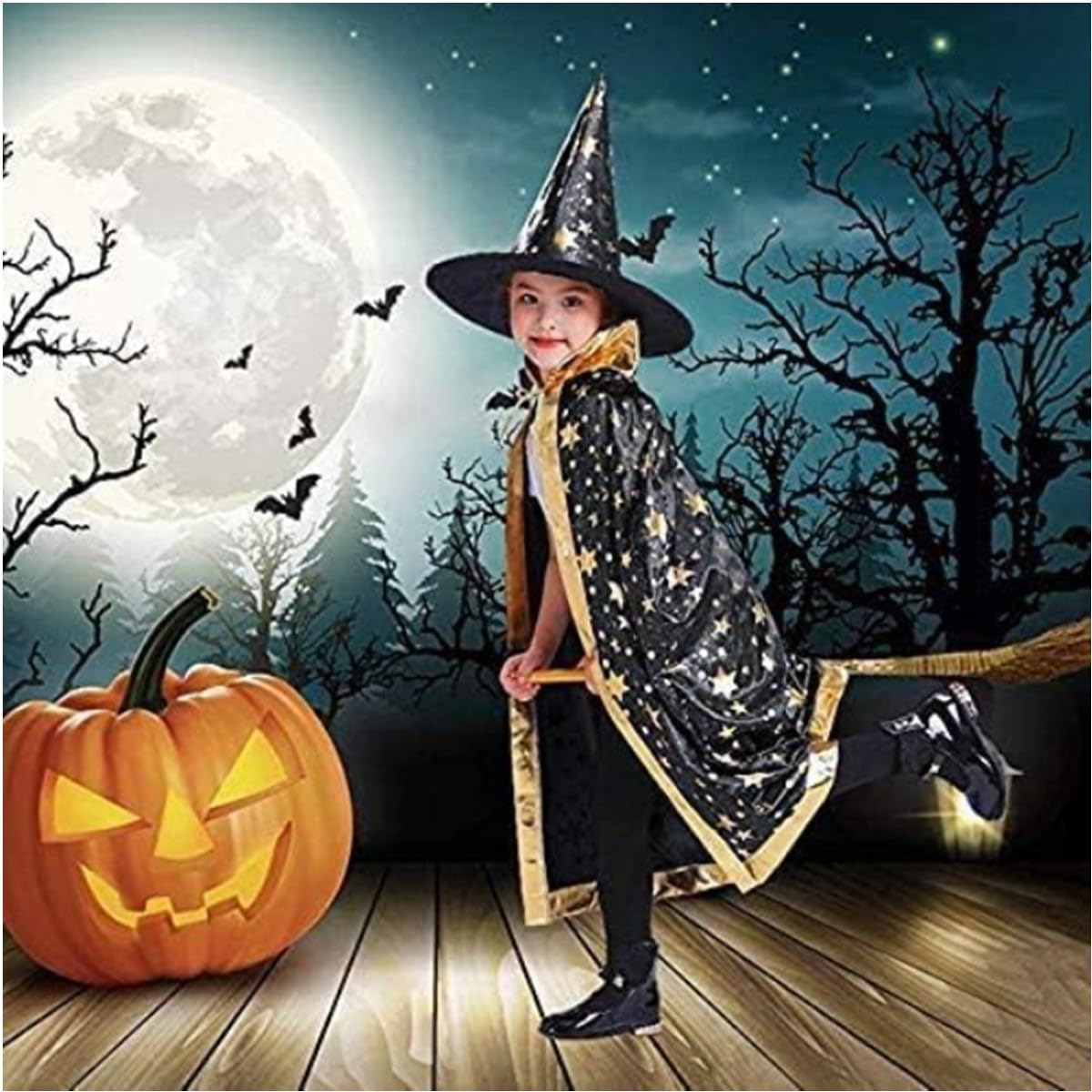 Kids Wizard Cape & Hat Set – Halloween Costume For Ages 3-12 - View #7