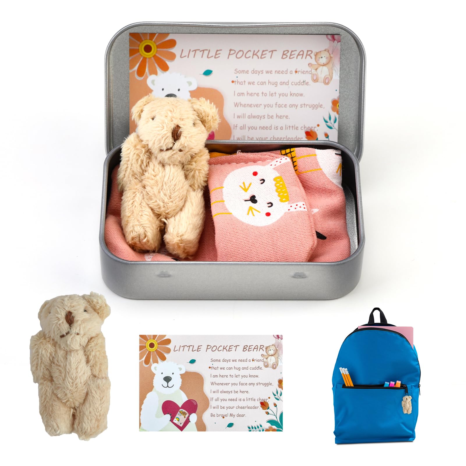 Little Pocket Bear Hug, Mini Stuffed Teddy Bear in a Tin Box Soft Cute Plush Toy Key Chain Doll Decoration Get Well Soon Gifts for Children Friend Graduation Valentines Birthday Wedding (Light Brown)