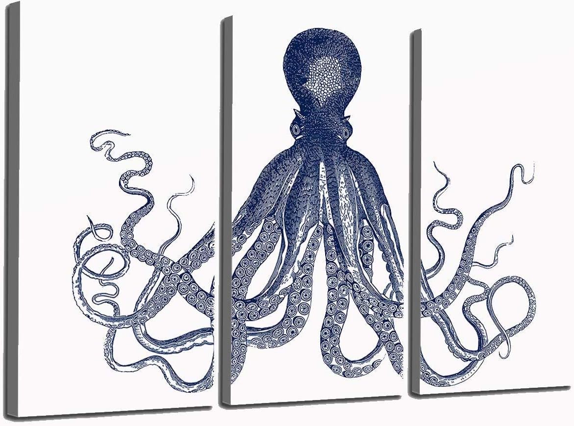Canvas Print - Octopus Canvas Art Octopus Artwork Decor by for Home, Sea Creatures Sea Life Nautical Blue Octopus Against White Background, Ready to Hanging - 16x32 Inch Each Panel- 48x32 Inch Total