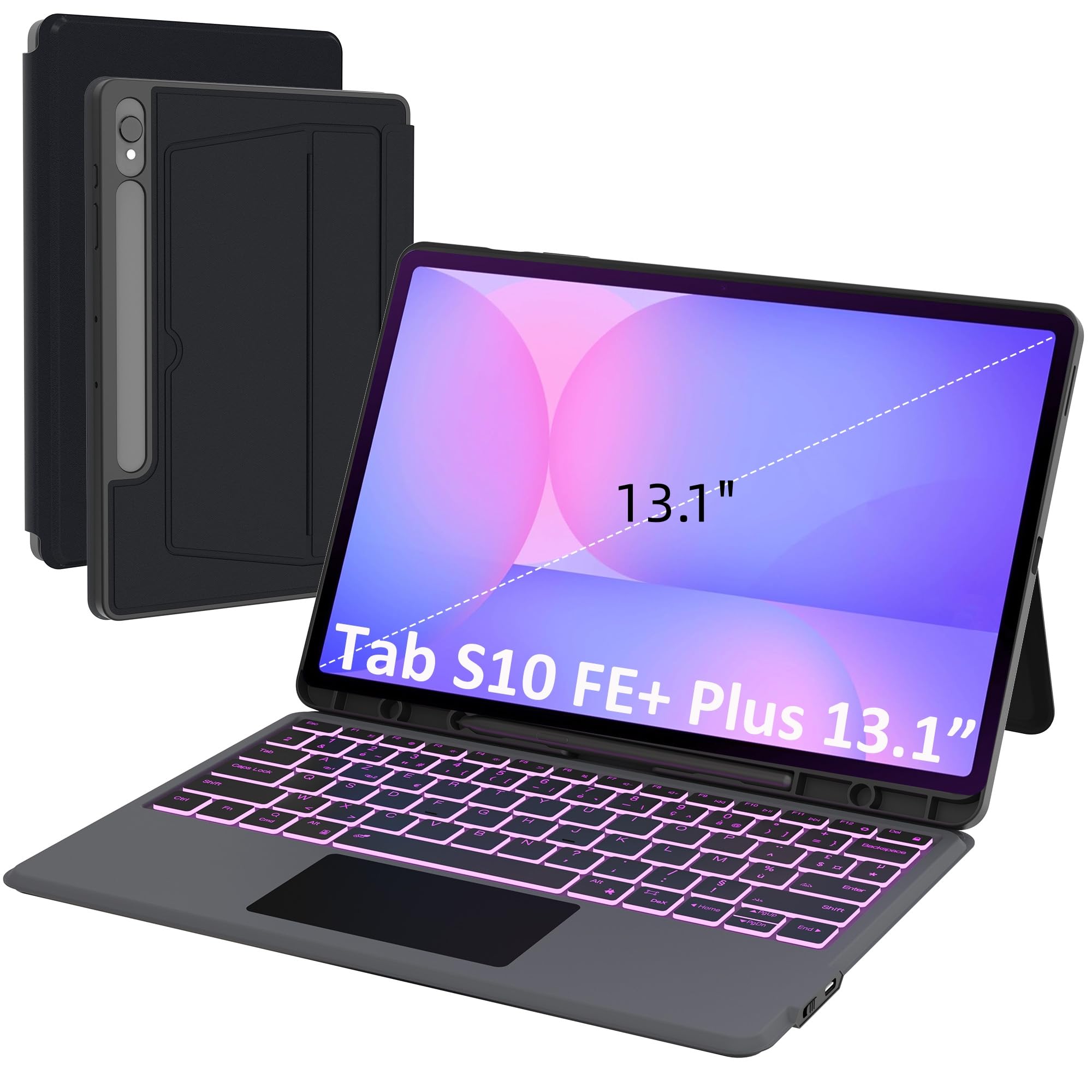 Carcasa de teclado para Samsung Galaxy Tab S10 FE+ Plus de 13,1 pulgadas: 7 colores retroiluminados magnéticos con teclado extraíble con Trackpad | Teclados Azerty francés inalámbricos para Galaxy