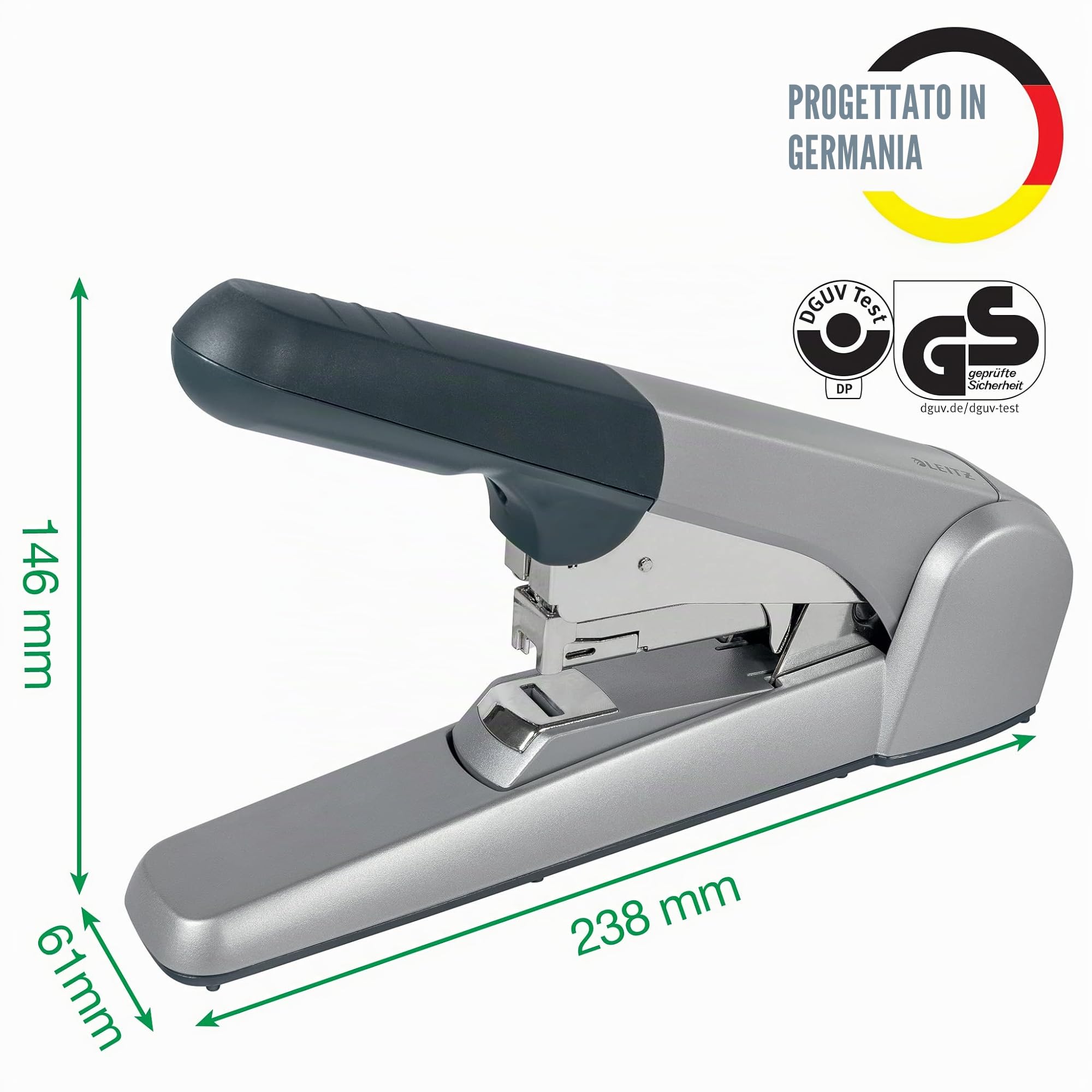 Leitz Cucitrice da Ufficio ad Elevata Capacità fino a 60 Fogli, Argento, Design Ergonomico, Include Cartucce per Punti, 55520084