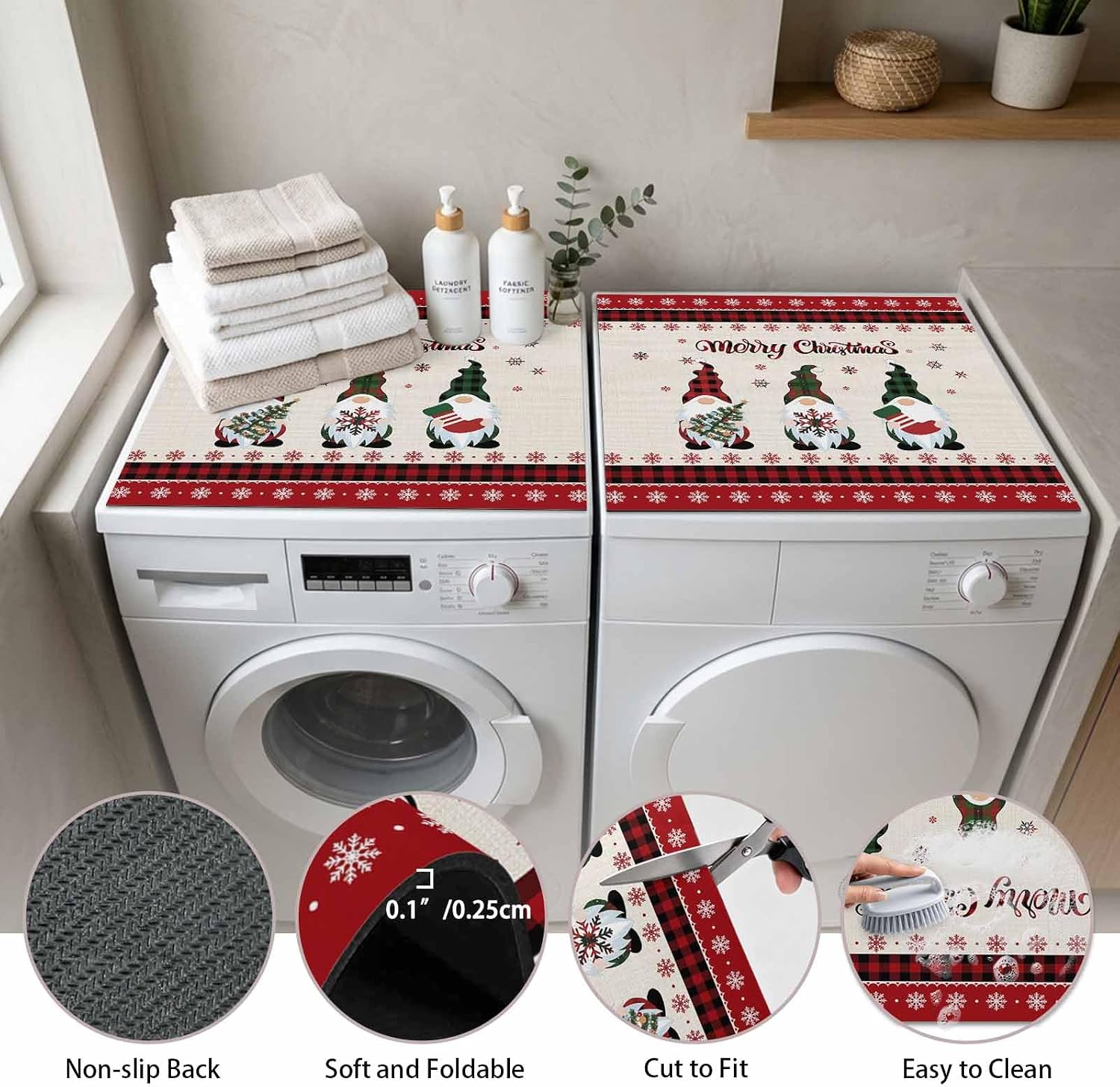 Washer and Dryer Covers for the Top, Red Gnomes Christmas Decorative Washing Machine Protector Mat, Dryer Top Cover for Laundry Room, Xmas Tree Snowflake Gifts Rustic Plaid 23.6" x 19.7" (Pack of 1) image 3