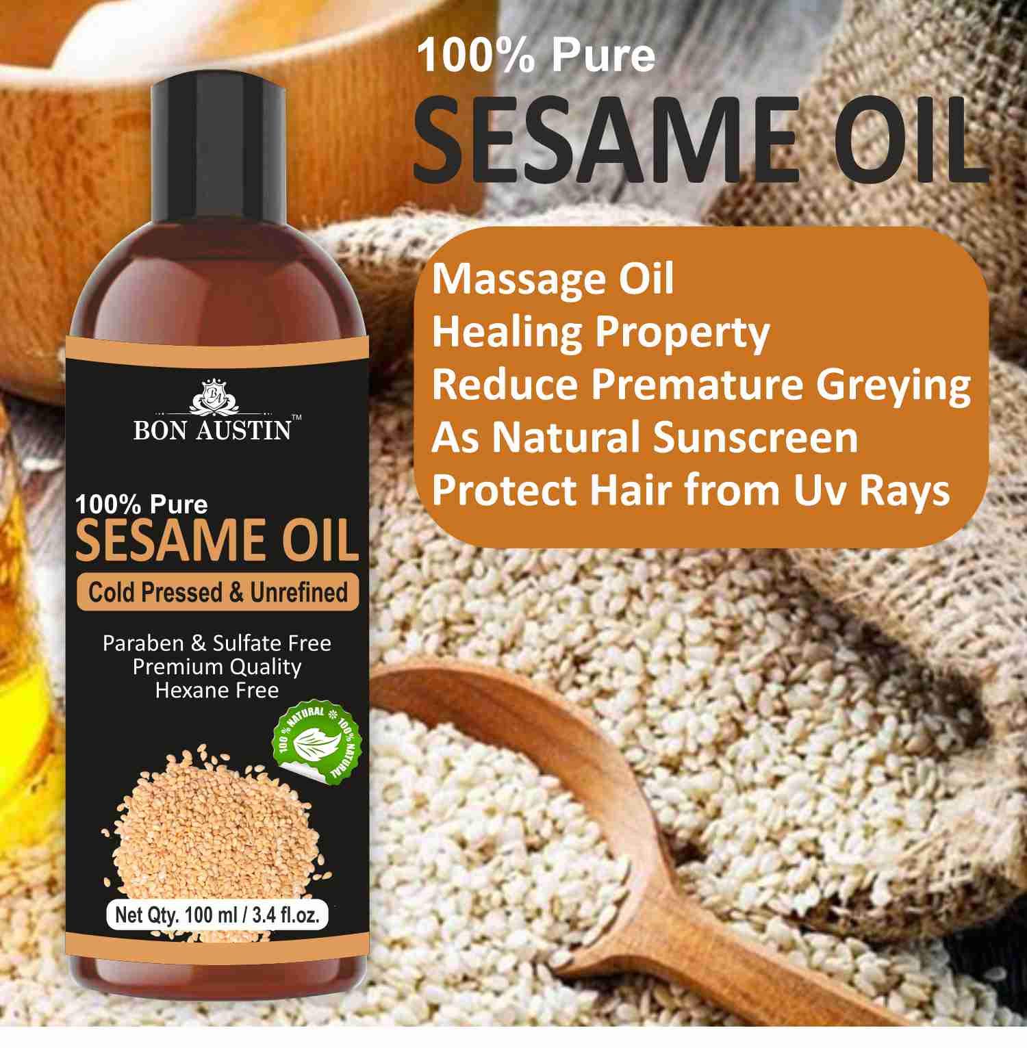 Bon Austin 100% Organic Sesame Oil For Skin, Body, Face, and Hair Growth Moisturizer with Vitamins | Til ka Tel | White Sesame | Safed Tal (100 ml) 1