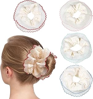 Lace Oversized Scrunchie - Puffy Scrunchie Double Layer Ruffle | 4 Pack Scrunchy Hair Ties French Inspired Design for Everyday & Wedding