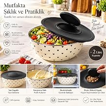 Kalpli Desenli Kapakl  Salata Kasesi, 2 Litre, Krem/Siyah