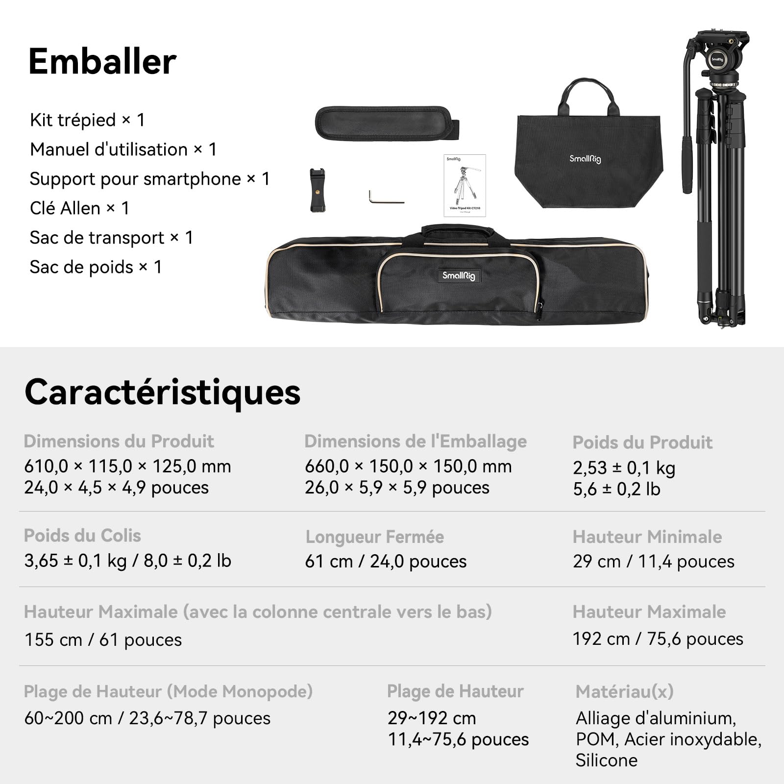 SMALLRIG CT210 Trépied Vidéo, 192cm Monopode pour Caméra avec Tête Fluide à Base de Nivellement +/-15°, Trépied de Voyage Professionnel pour Caméra Vidéo, Reflex Numérique, Caméscope - 4475