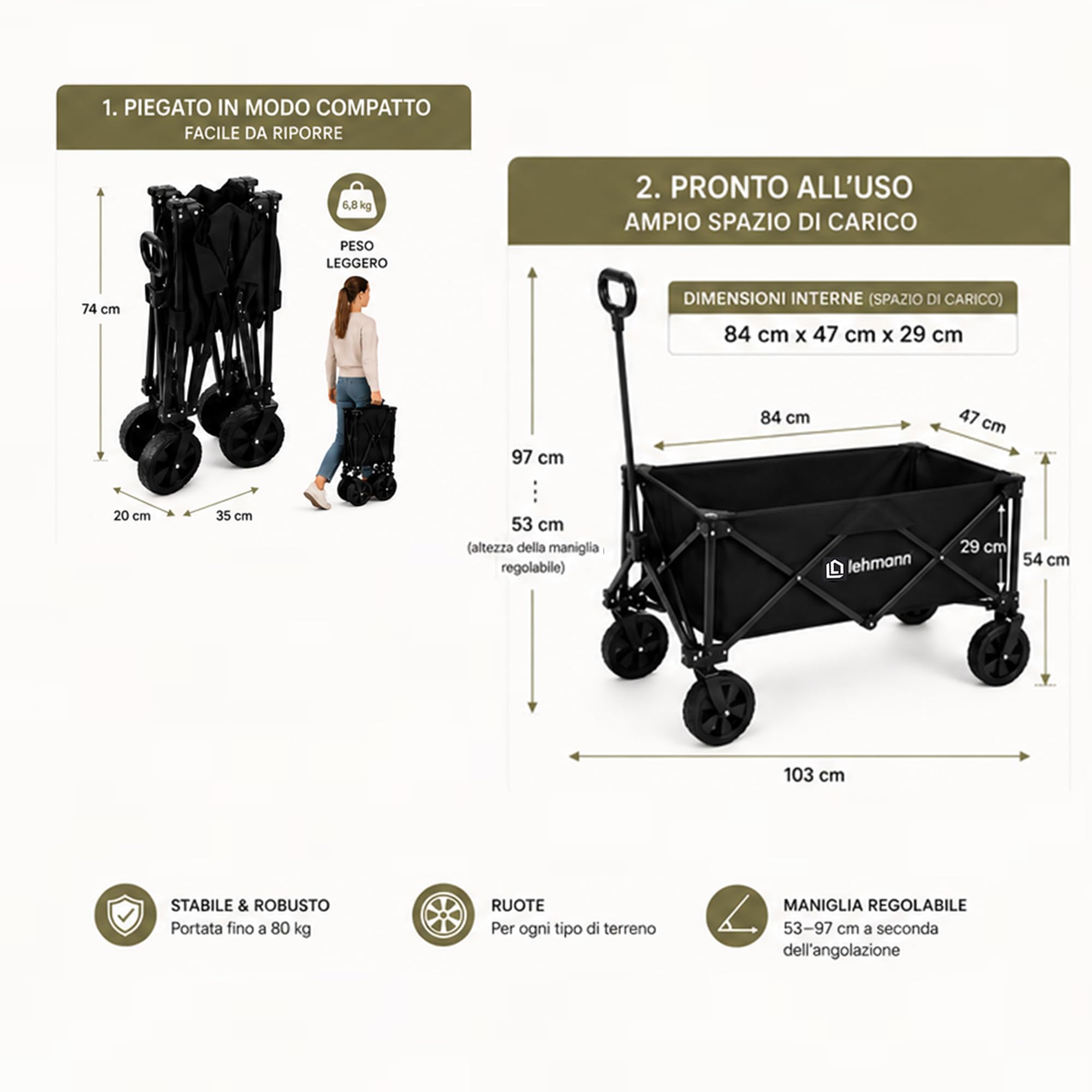 LEHMANN MOBI Carrello Spiaggia Pieghevole 110L con Ruote Grandi, Carrello con Ruote Portatutto fino a 80 kg, Carrello da Spiaggia per Bambini, Spesa, Mare, Giardino e Camping