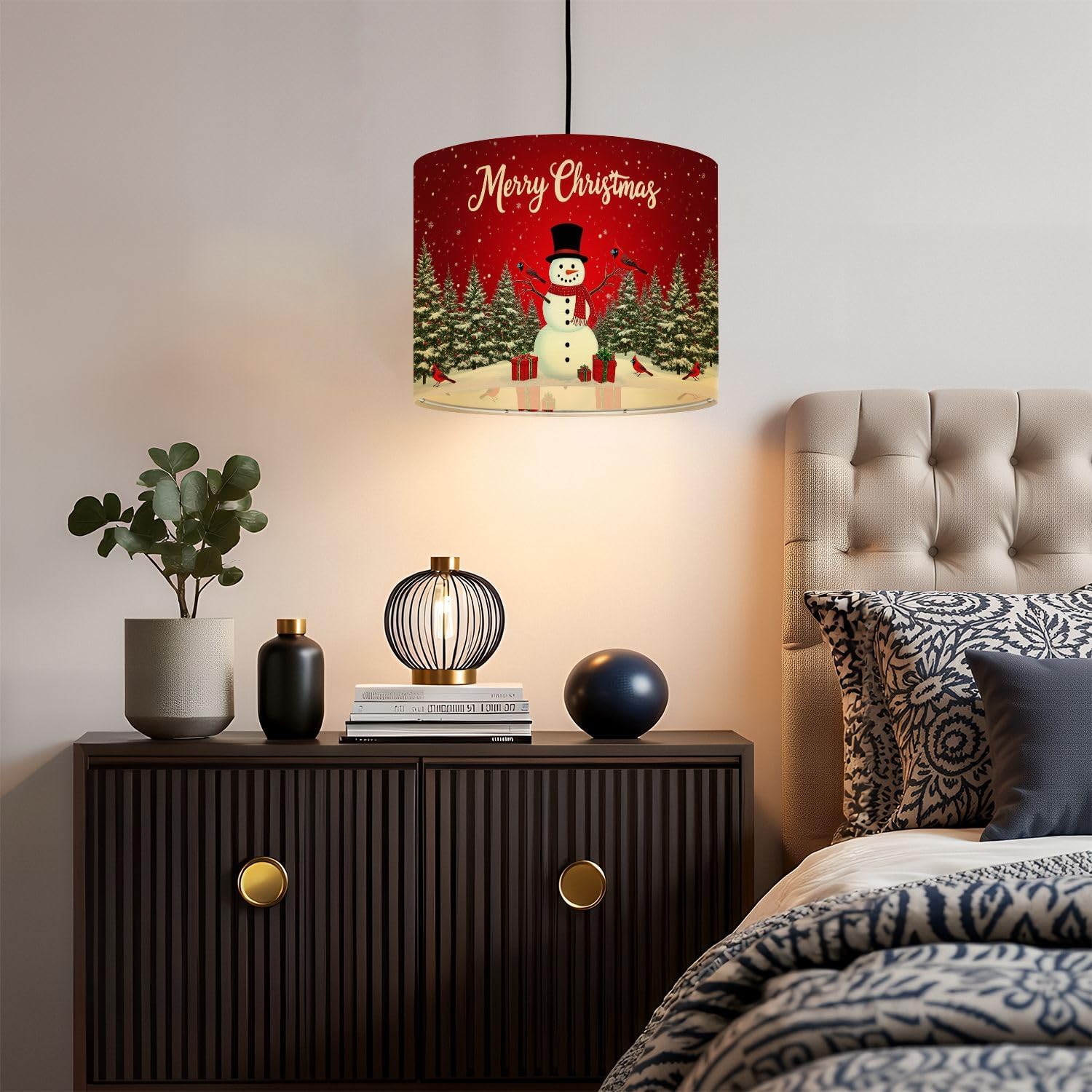 Drum Lamp Shades Christmas Merry Xmas Snowman Winter Holiday New Year Eve Top Hat Red Lampshade for Floor Lamps Table Lamp Pendant Light Linen 13"x13"x10" Replacement Large Lampshades