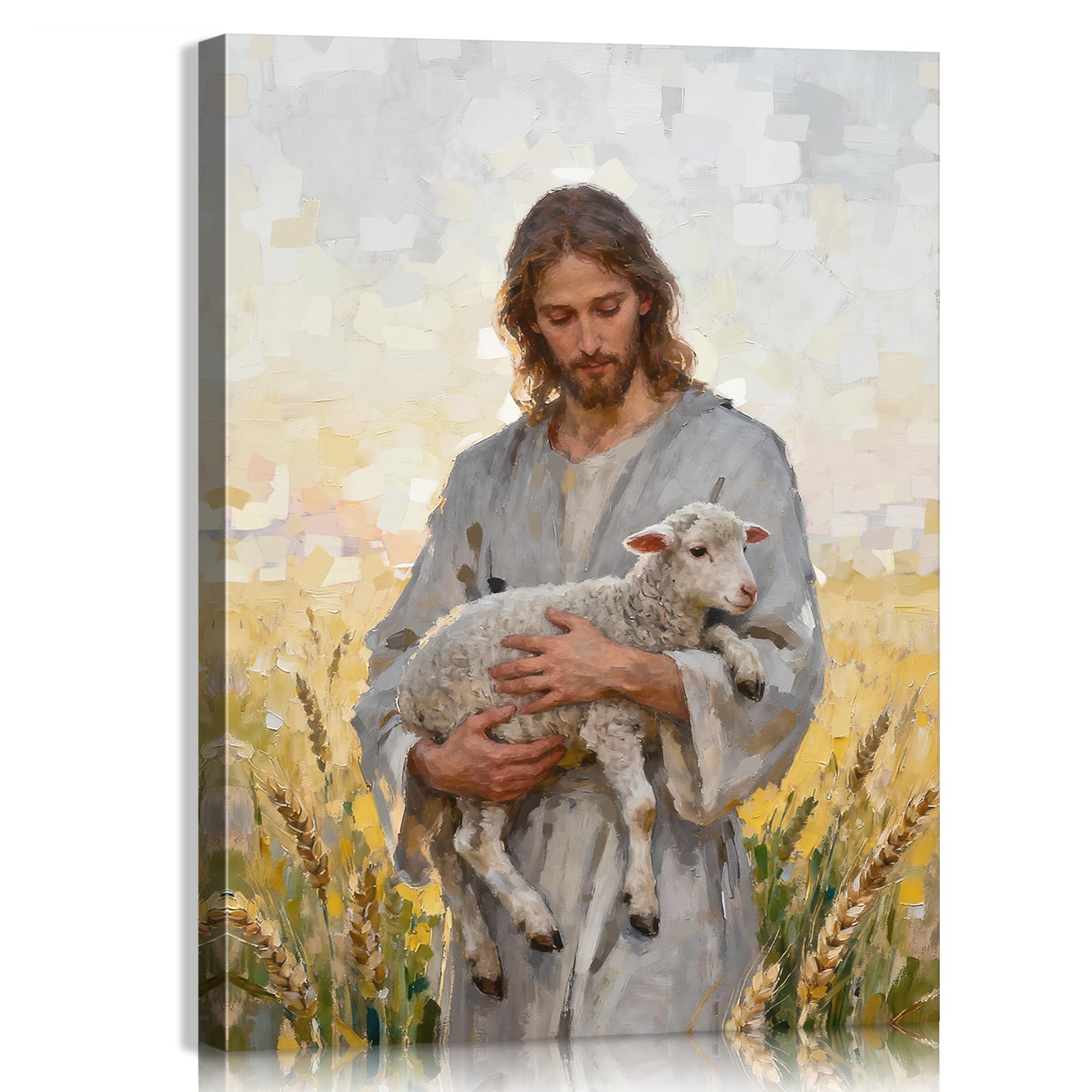 Jesus and Lamb Canvas Wall Art - Christian Pictures with Inner Wooden Frame (12x16 Inches) - Lightweight Easy Hanging,Jesus Holding Sheep Canvas Wall Art Religious Decor for Living Prayer Church Room