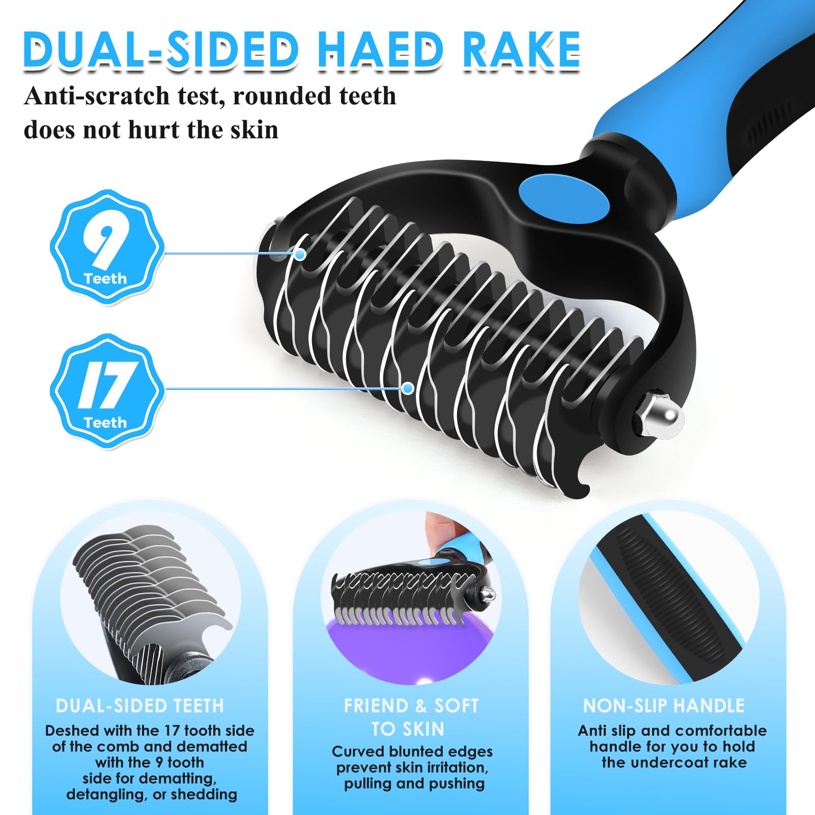 Grande brosse lissante pour chiens – Kit de toilettage 3 pièces – Râteau à sous-poil et peigne en acier inoxydable | Longues broches pour enlever les tapis sur les caniches, dorés